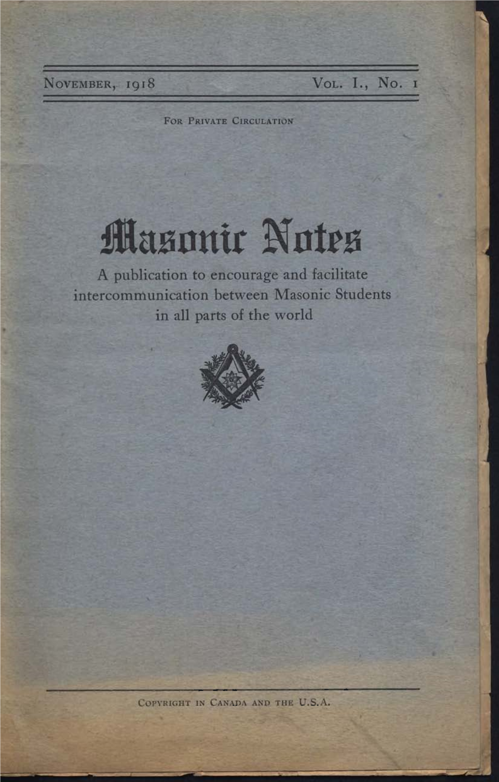Masonic Notes Vol. 1, No. 1 – 1918