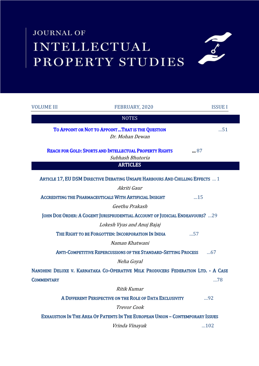 JOURNAL of INTELLECTUAL PROPERTY STUDIES [Issue I]