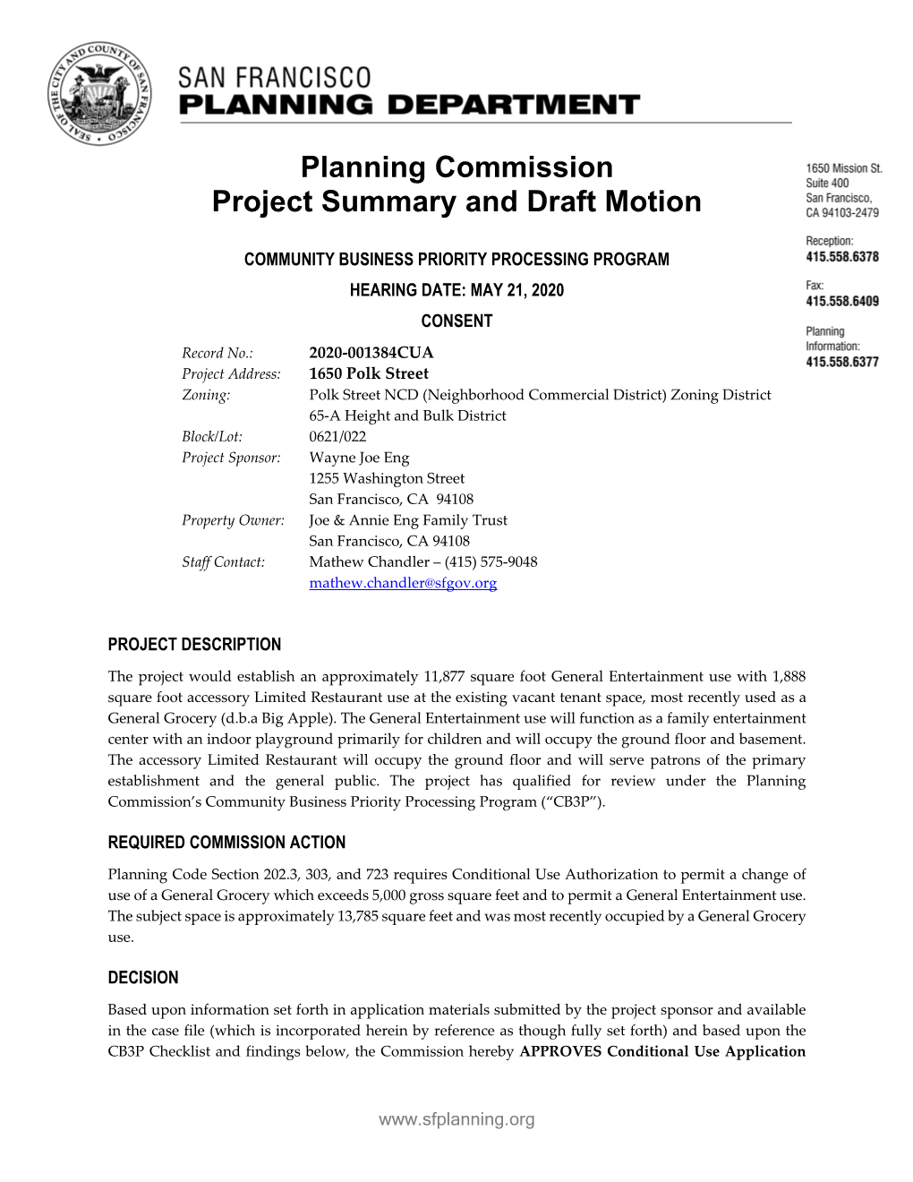 Planning Commission Project Summary and Draft Motion