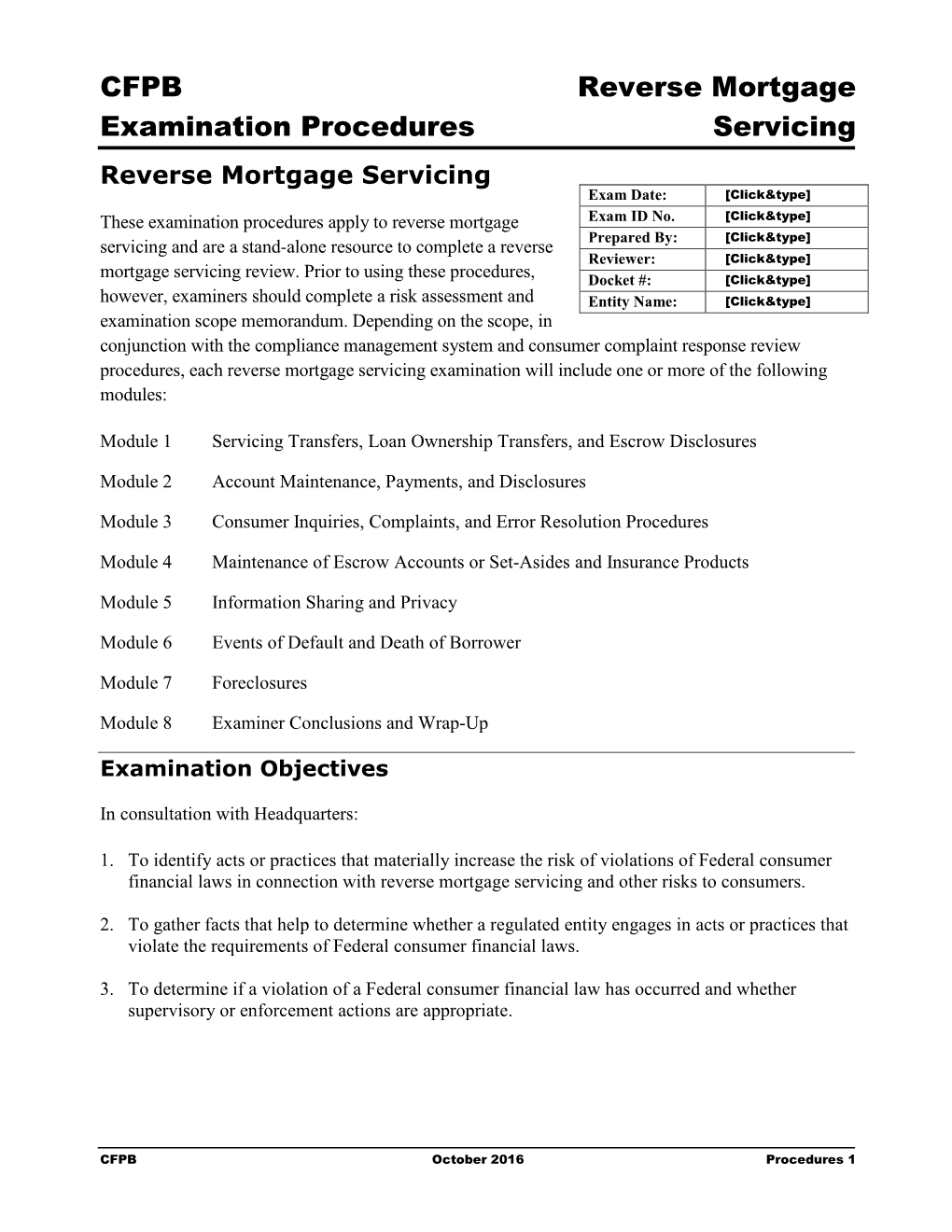 CFPB Reverse Mortgage Examination Procedures Servicing