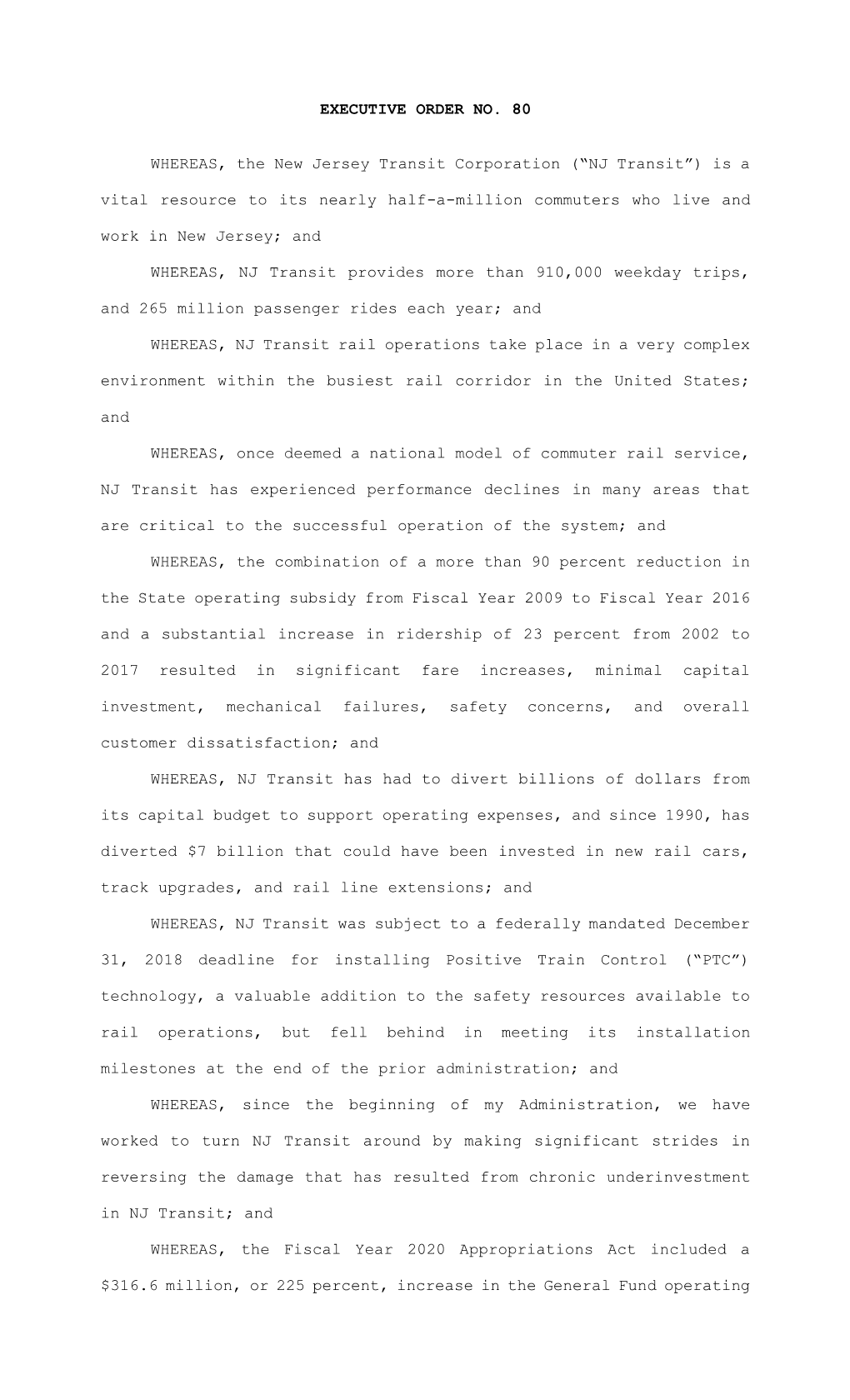 EXECUTIVE ORDER NO. 80 WHEREAS, the New Jersey Transit