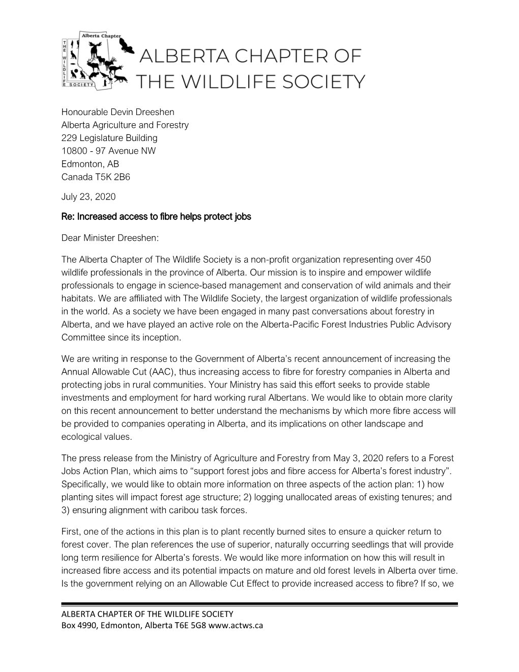 ALBERTA CHAPTER of the WILDLIFE SOCIETY Box 4990, Edmonton, Alberta T6E 5G8