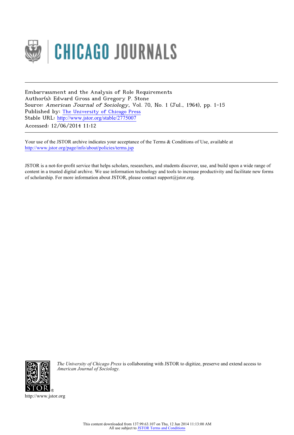 Embarrassment and the Analysis of Role Requirements Author(S): Edward Gross and Gregory P