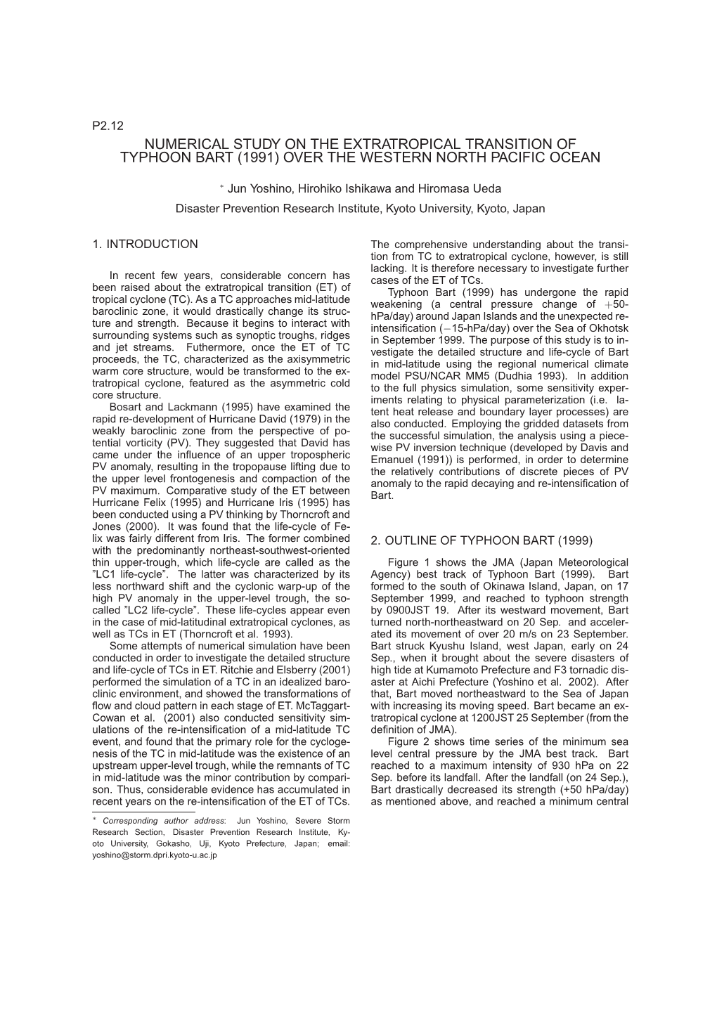 Numerical Study on the Extratropical Transition of Typhoon Bart (1991) Over the Western North Pacific Ocean