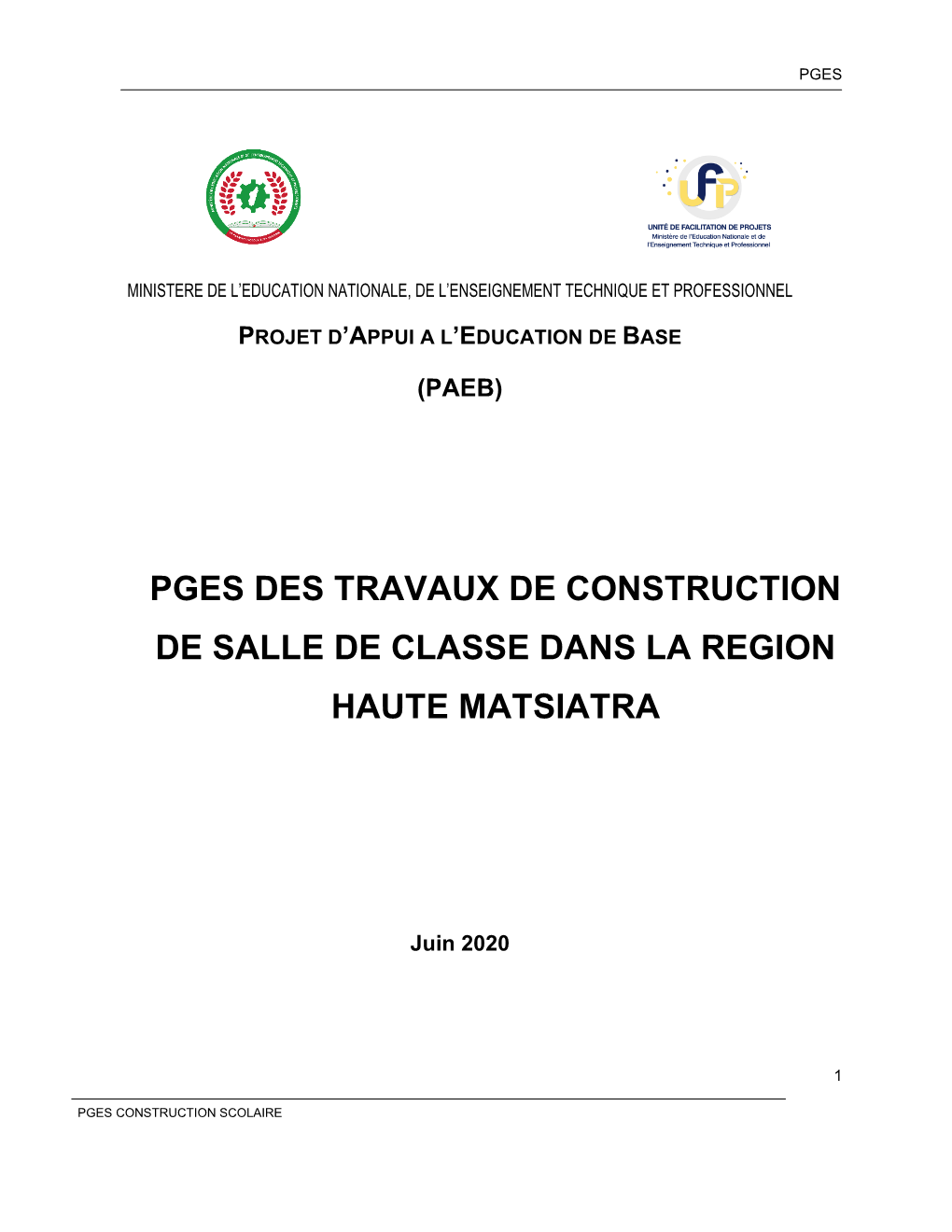 Pges Des Travaux De Construction De Salle De Classe Dans La Region Haute Matsiatra