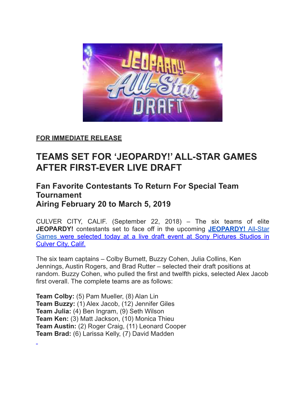Teams Set for 'Jeopardy!' All-Star Games After First