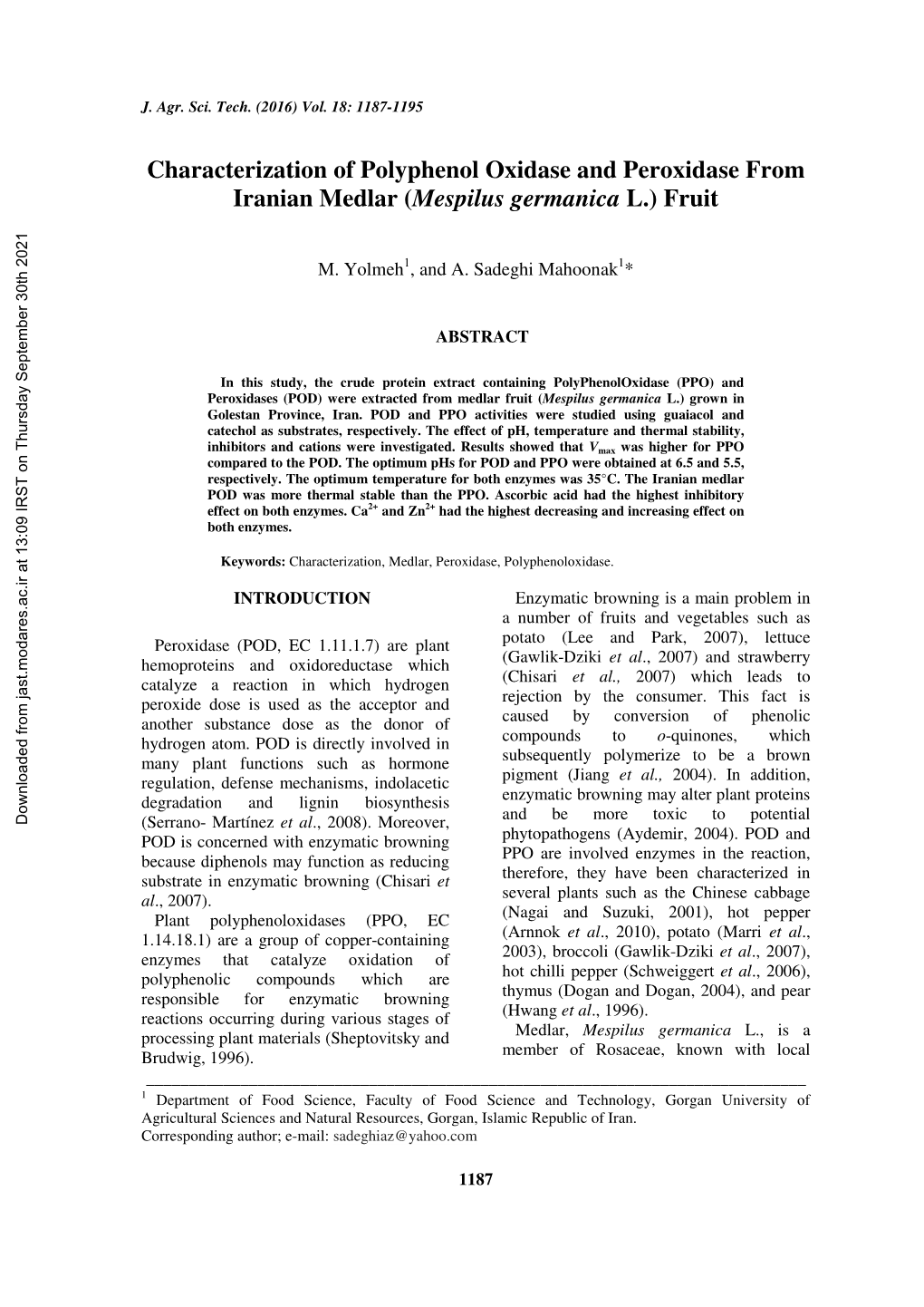 Characterization of Polyphenol Oxidase and Peroxidase from Iranian Medlar ( Mespilus Germanica L.) Fruit