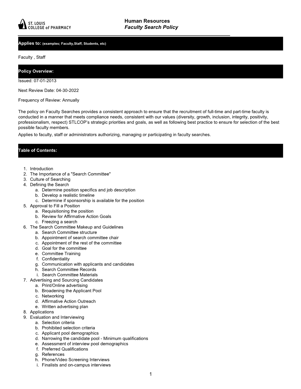 1 Human Resources Faculty Search Policy