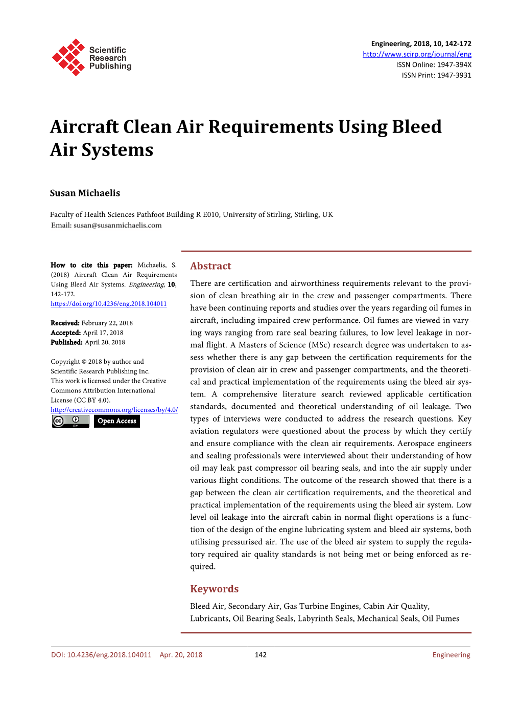 Aircraft Clean Air Requirements Using Bleed Air Systems