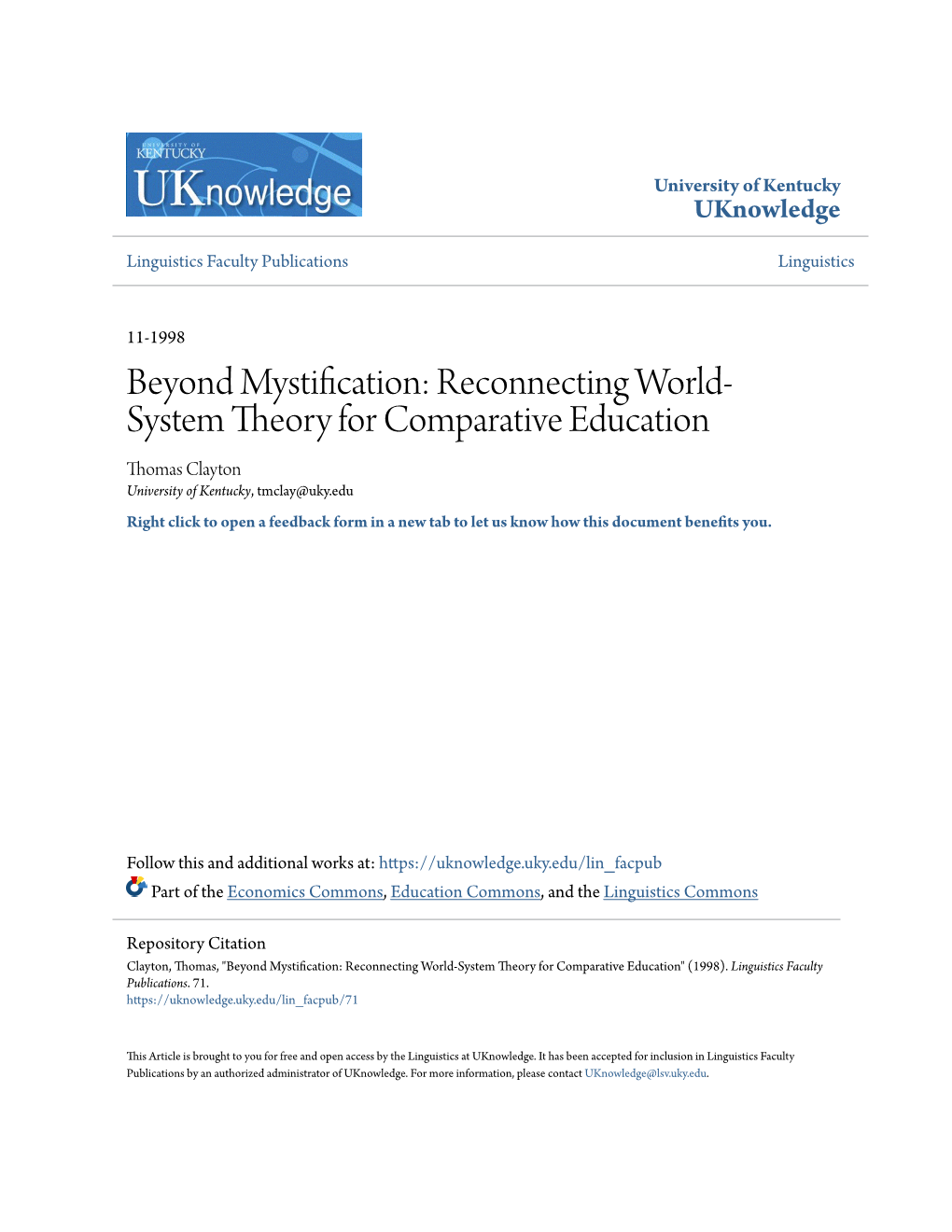 Reconnecting World-System Theory for Comparative Education" (1998)