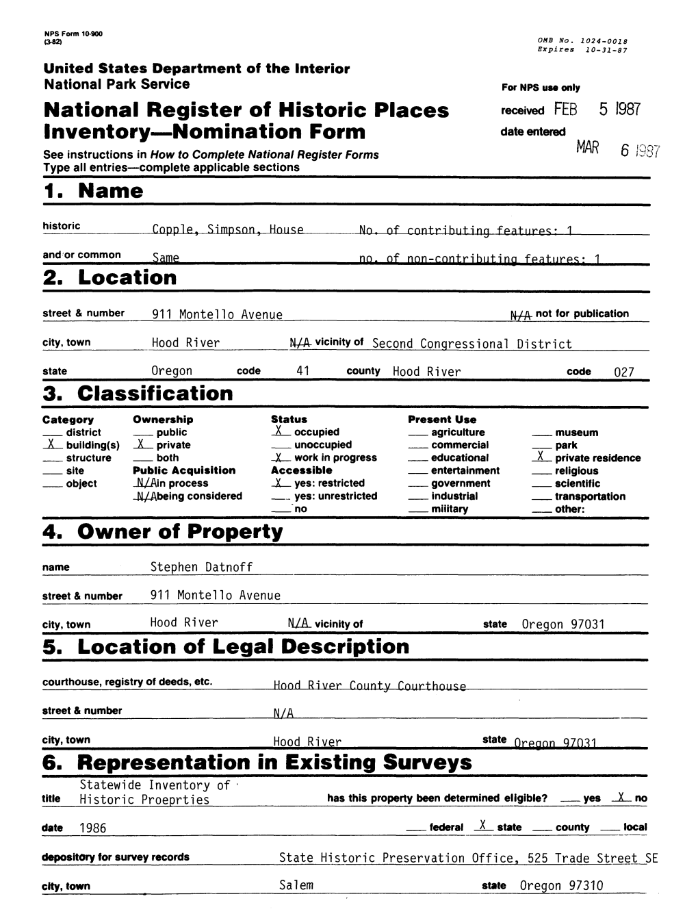 National Register of Historic Places Inventory — Nomination Form