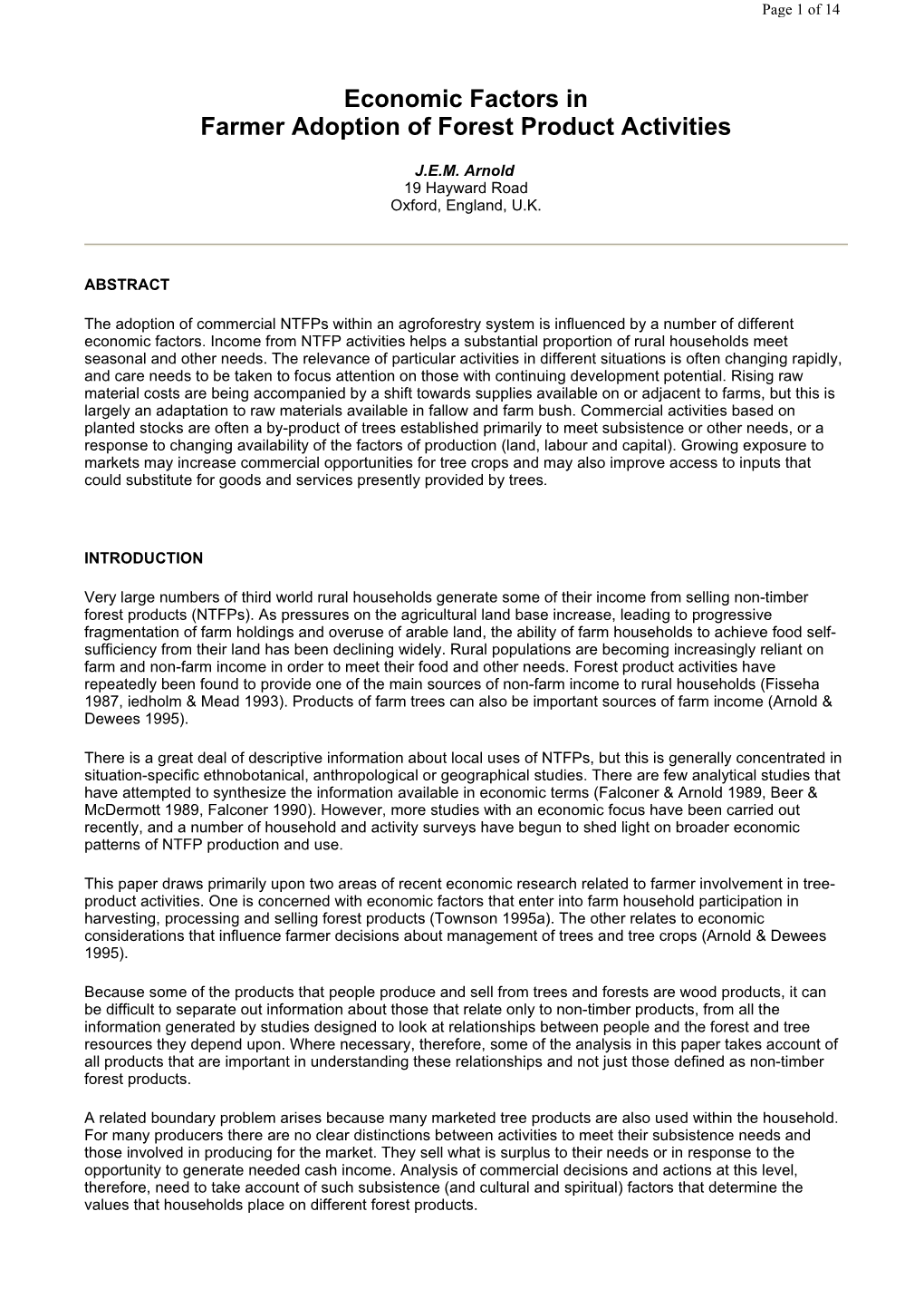 Economic Factors in Farmer Adoption of Forest Product Activities