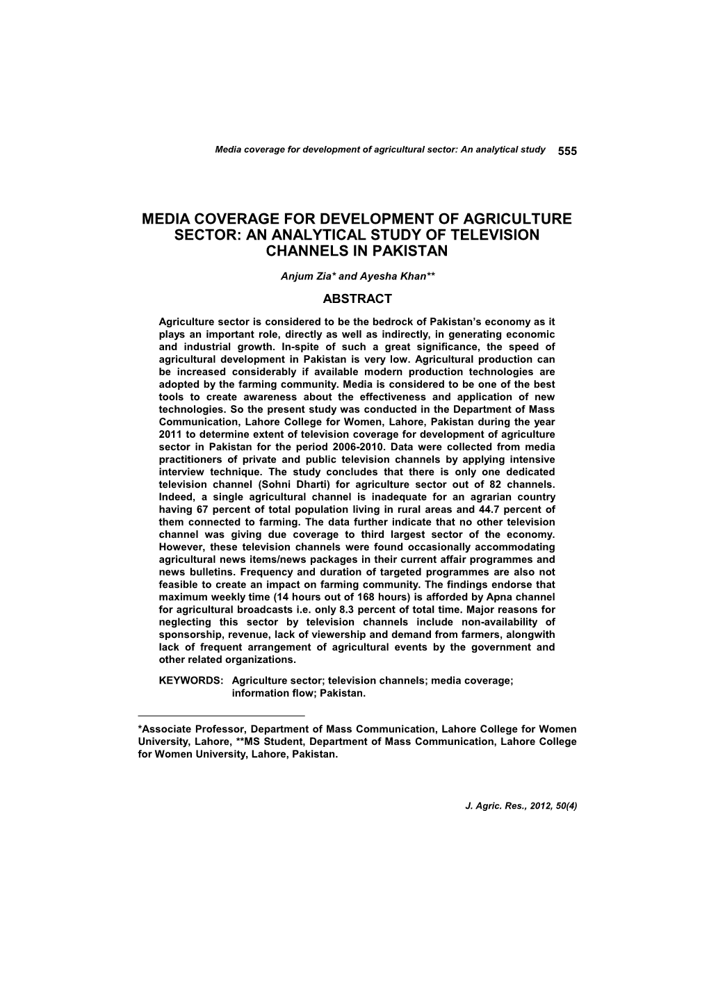 Media Coverage for Development of Agriculture Sector: an Analytical Study of Television Channels in Pakistan