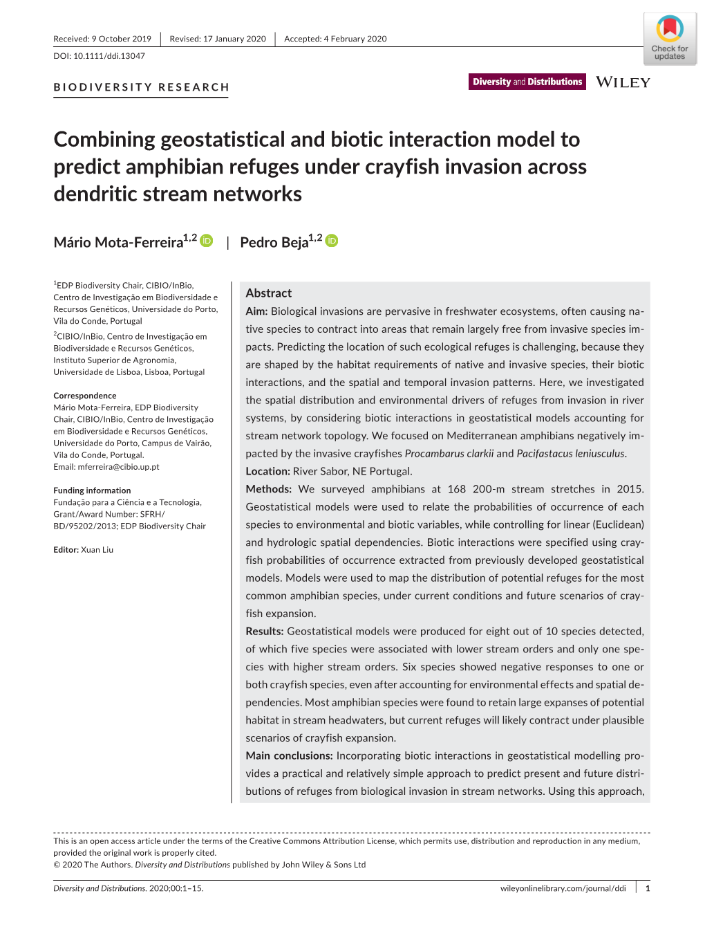 Combining Geostatistical and Biotic Interaction Model to Predict Amphibian Refuges Under Crayfish Invasion Across Dendritic Stream Networks