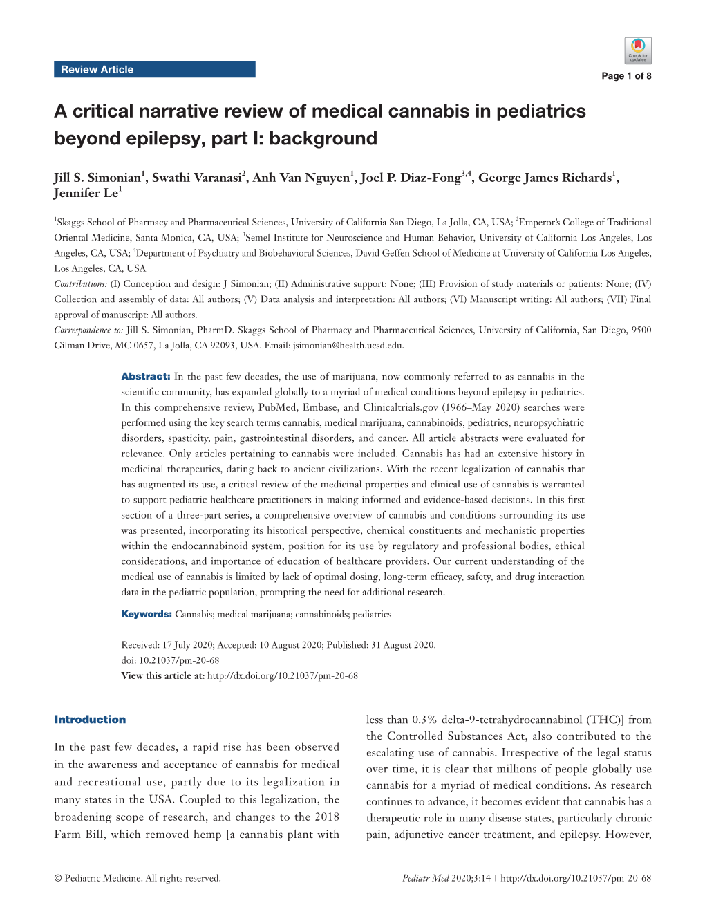 A Critical Narrative Review of Medical Cannabis in Pediatrics Beyond Epilepsy, Part I: Background