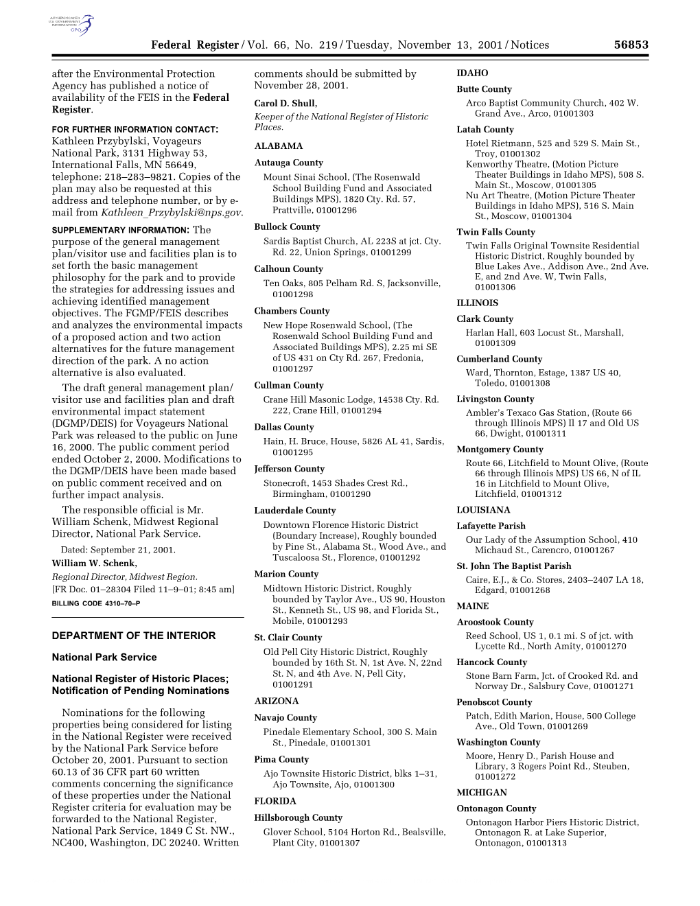 Federal Register/Vol. 66, No. 219/Tuesday, November 13, 2001