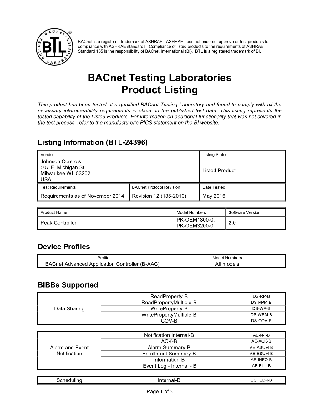 Bacnet Testing Labs Product Listing