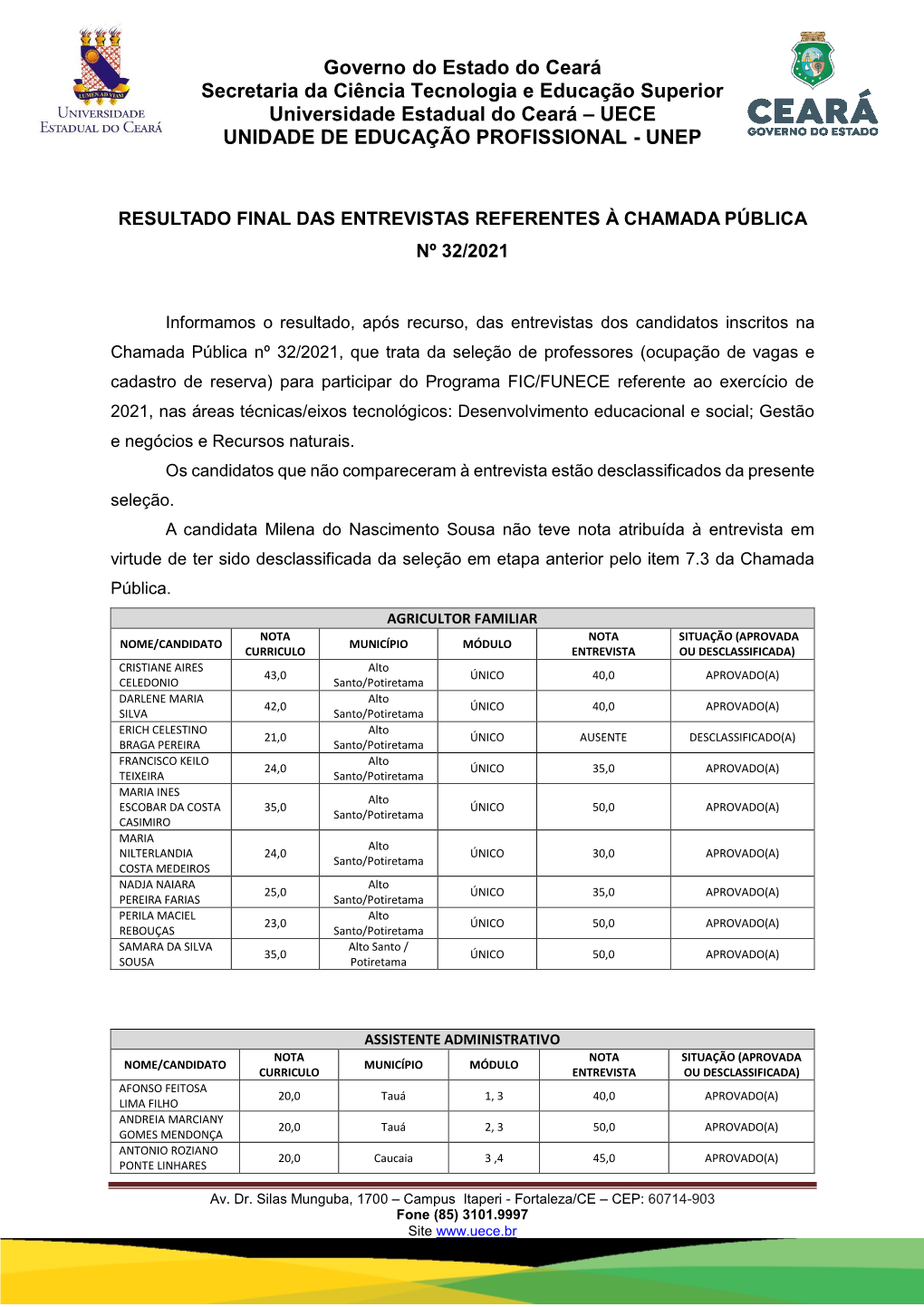 Governo Do Estado Do Ceará Secretaria Da Ciência Tecnologia E Educação Superior Universidade Estadual Do Ceará – UECE UNIDADE DE EDUCAÇÃO PROFISSIONAL - UNEP