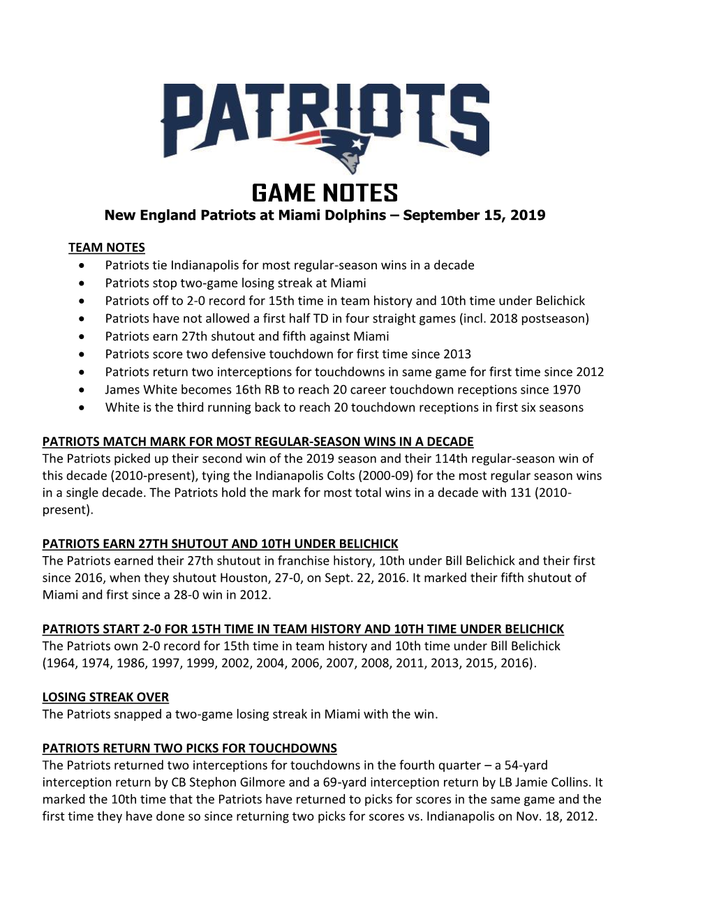 Patriots at Philadelphia Game Notes