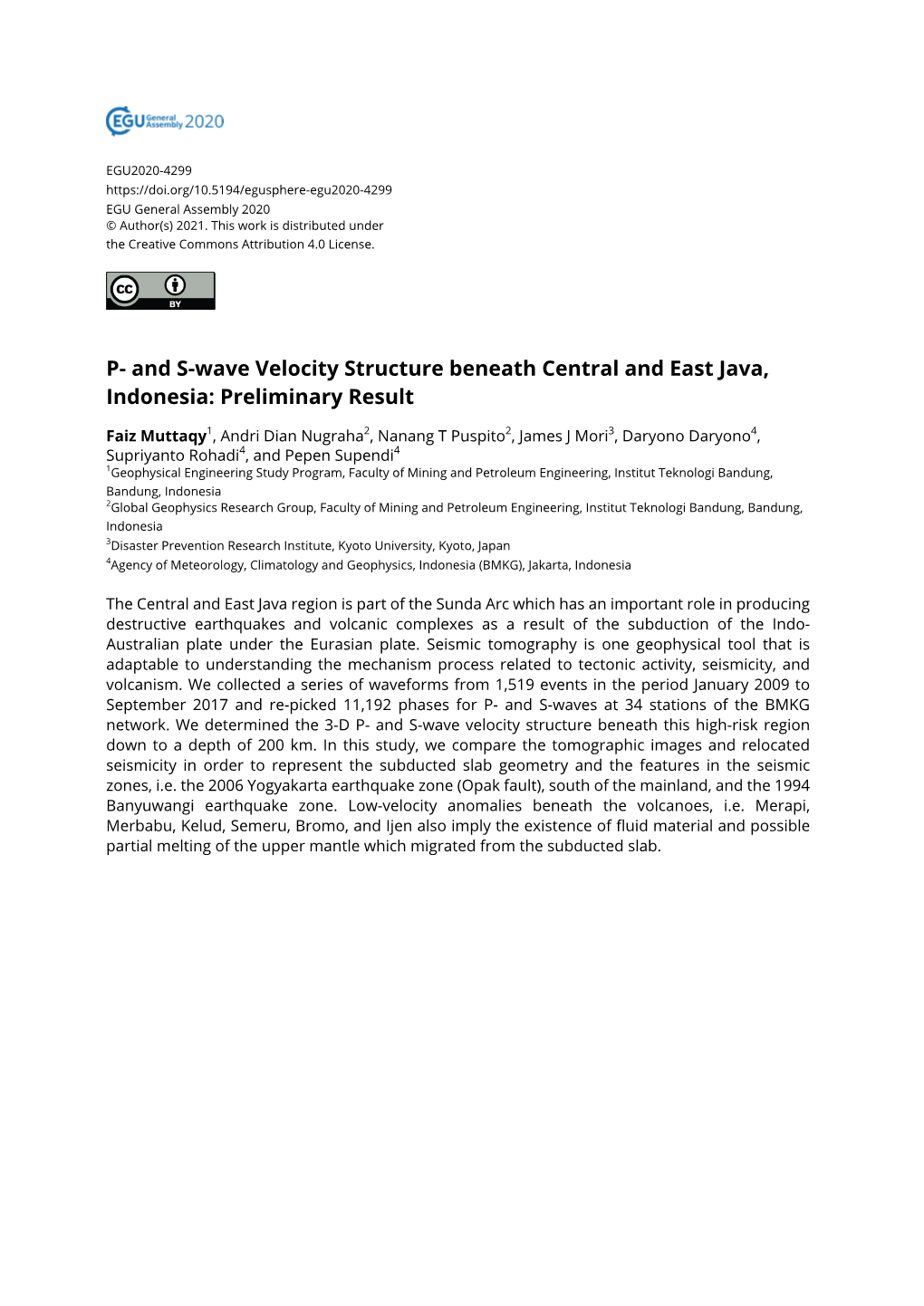 And S-Wave Velocity Structure Beneath Central and East Java, Indonesia: Preliminary Result