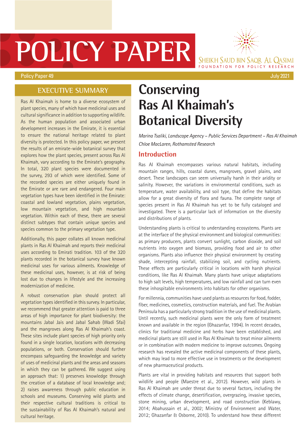 POLICY PAPER Conserving Ras Al Khaimah's Botanical Diversity