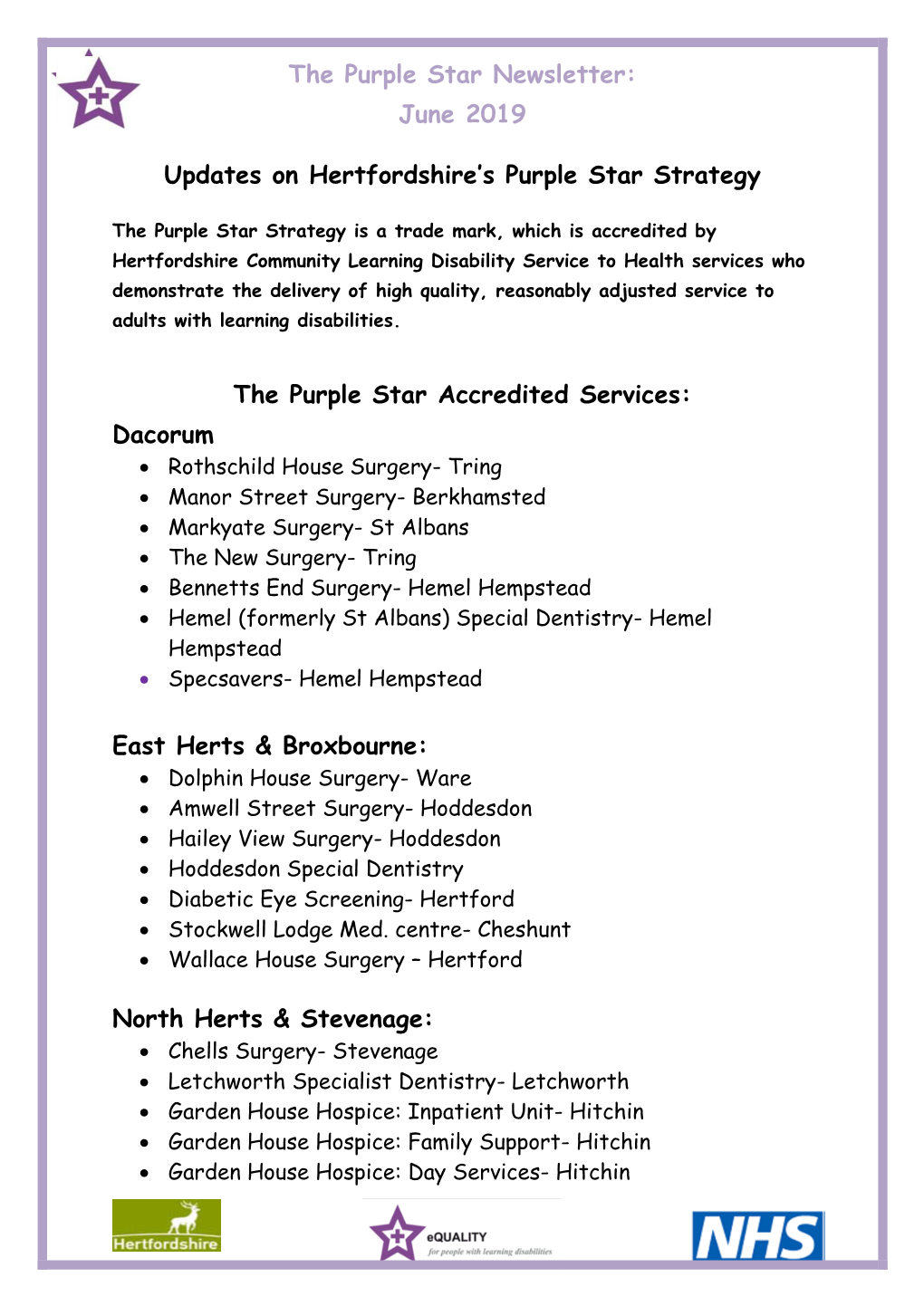 The Purple Star Newsletter: June 2019 Updates on Hertfordshire's