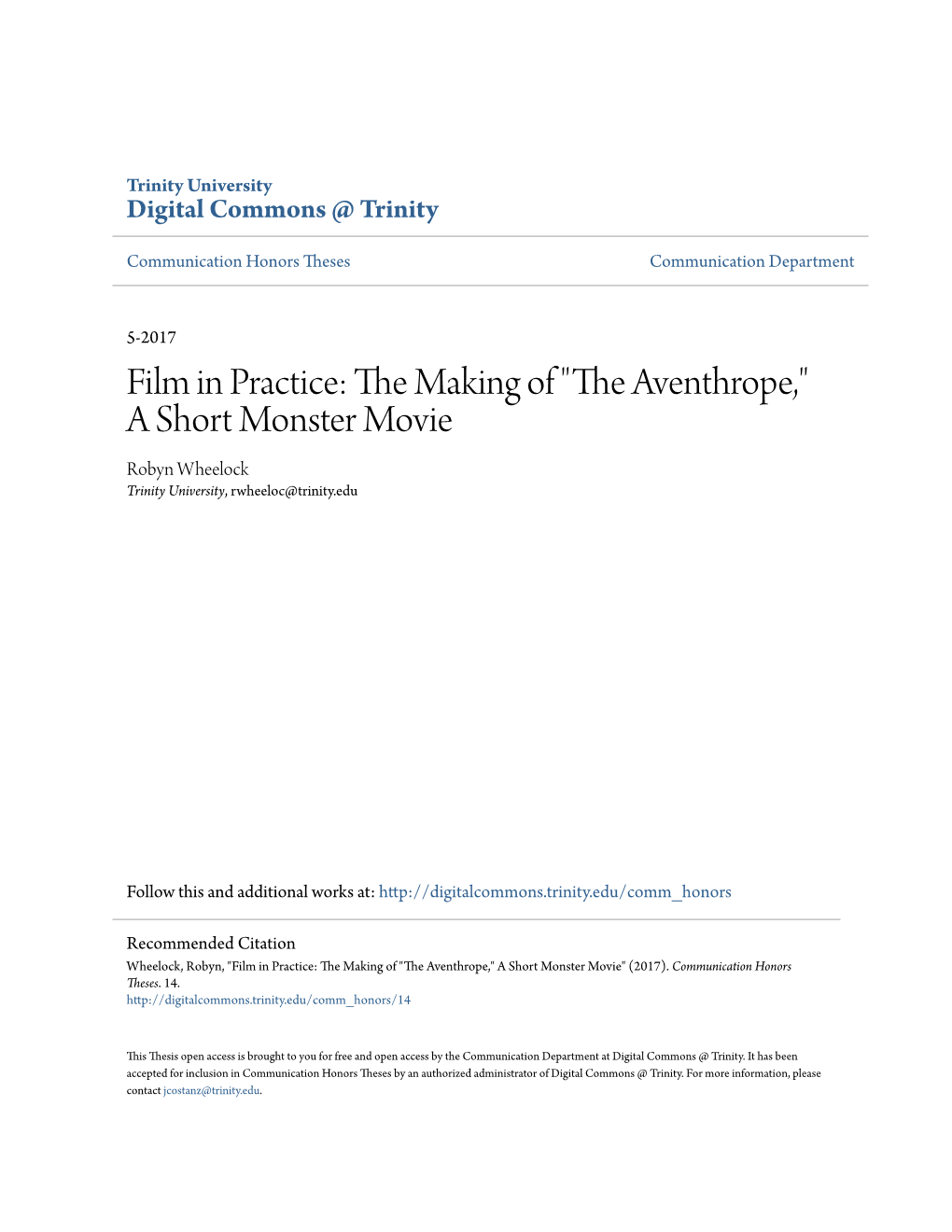Film in Practice: the Making of "The Aventhrope," a Short Monster Movie