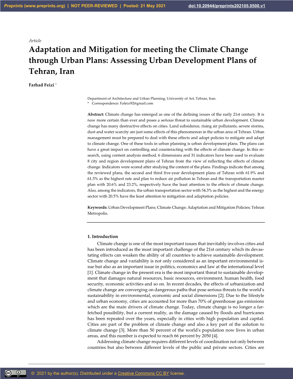 Adaptation and Mitigation for Meeting the Climate Change Through Urban Plans: Assessing Urban Development Plans of Tehran, Iran