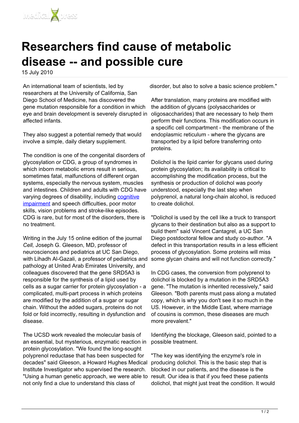 Researchers Find Cause of Metabolic Disease -- and Possible Cure 15 July 2010