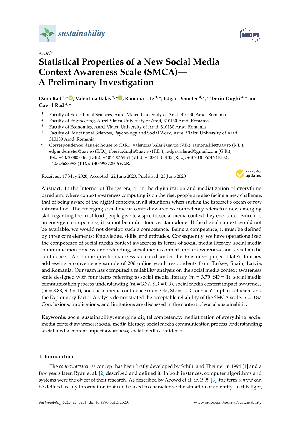 Statistical Properties of a New Social Media Context Awareness Scale (SMCA)— a Preliminary Investigation