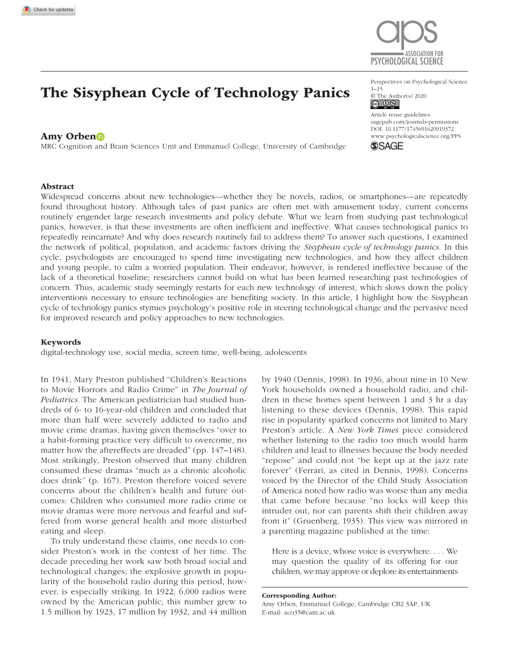 The Sisyphean Cycle of Technology Panics © the Author(S) 2020