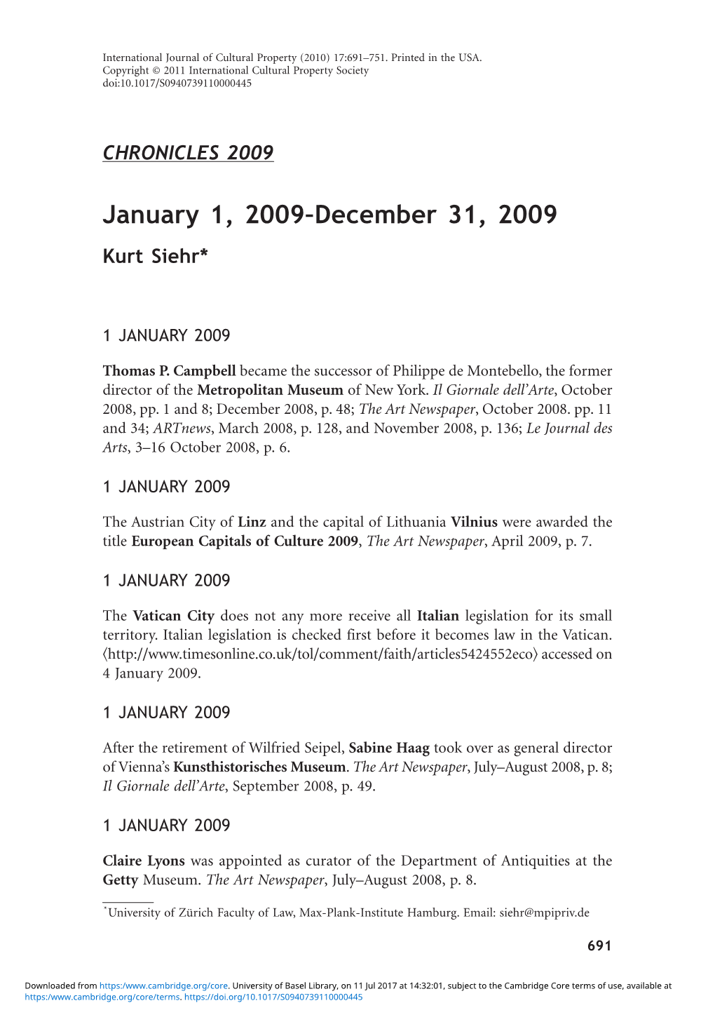 January 1, 2009–December 31, 2009 Kurt Siehr*