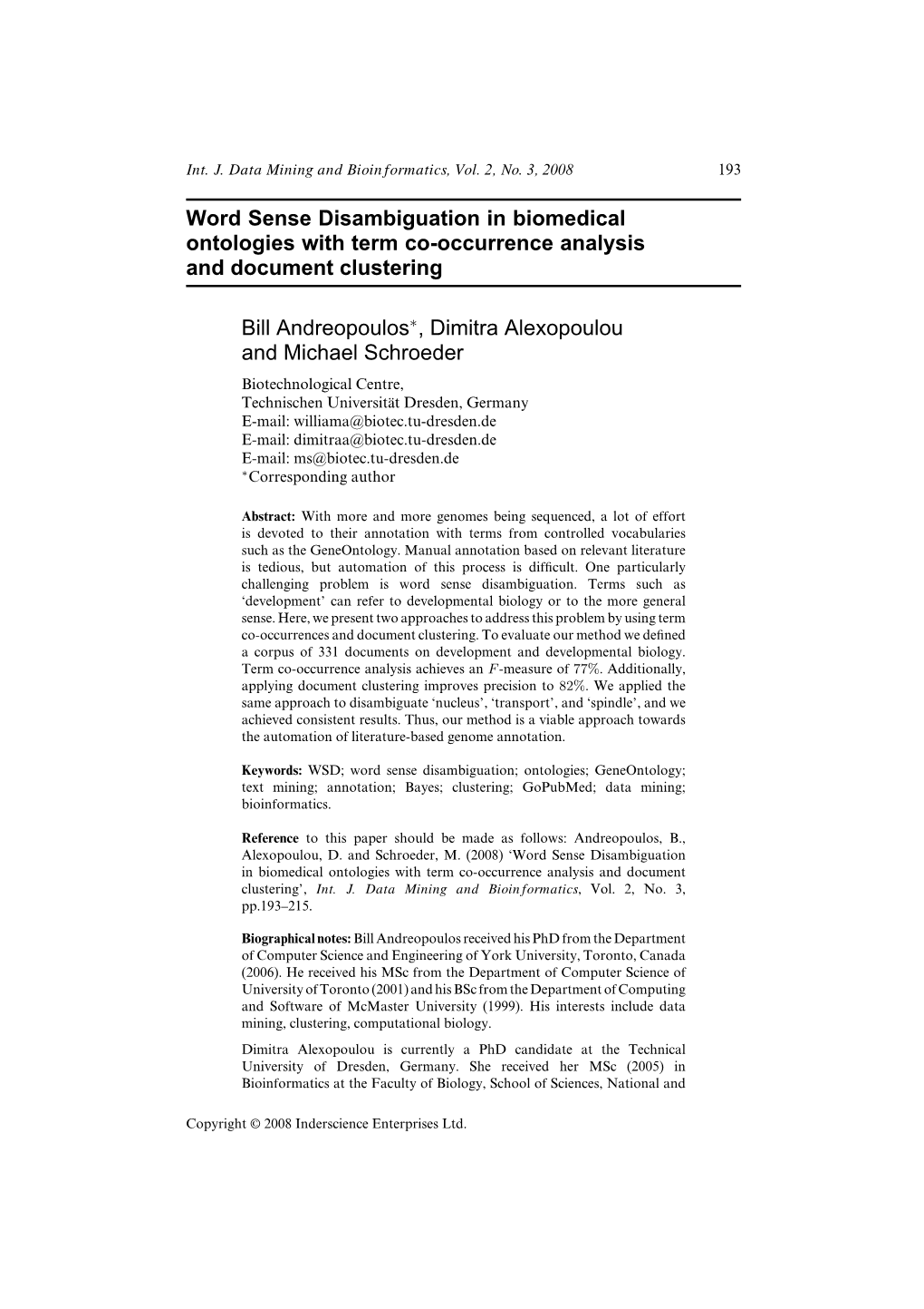 Word Sense Disambiguation in Biomedical Ontologies with Term Co-Occurrence Analysis and Document Clustering