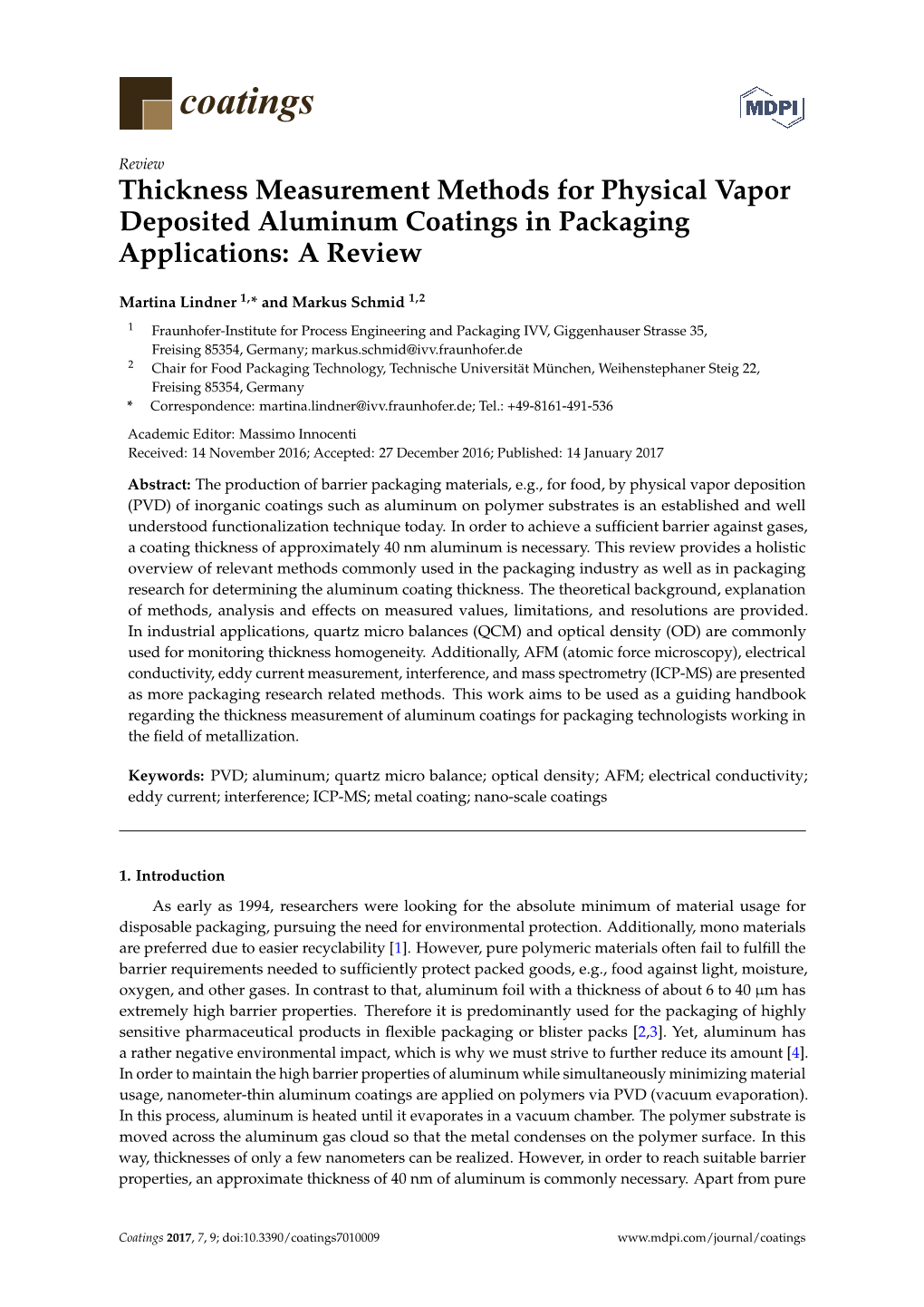 Thickness Measurement Methods for Physical Vapor Deposited Aluminum Coatings in Packaging Applications: a Review