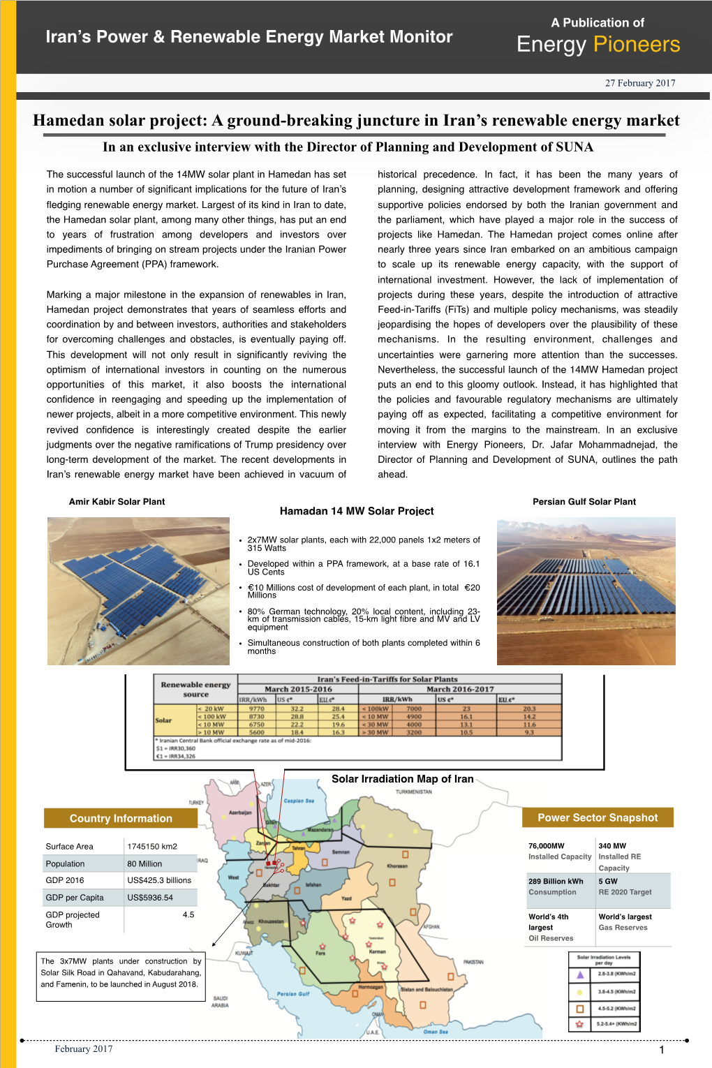 Hamedan Solar Project Power & Renewable Energy Market Monitor
