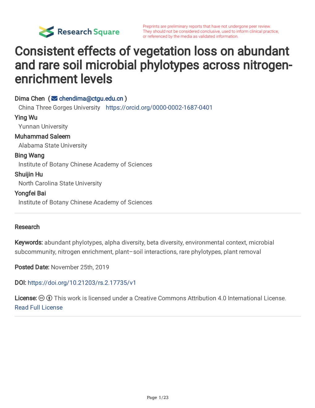 Consistent Effects of Vegetation Loss on Abundant and Rare Soil Microbial Phylotypes Across Nitrogen- Enrichment Levels