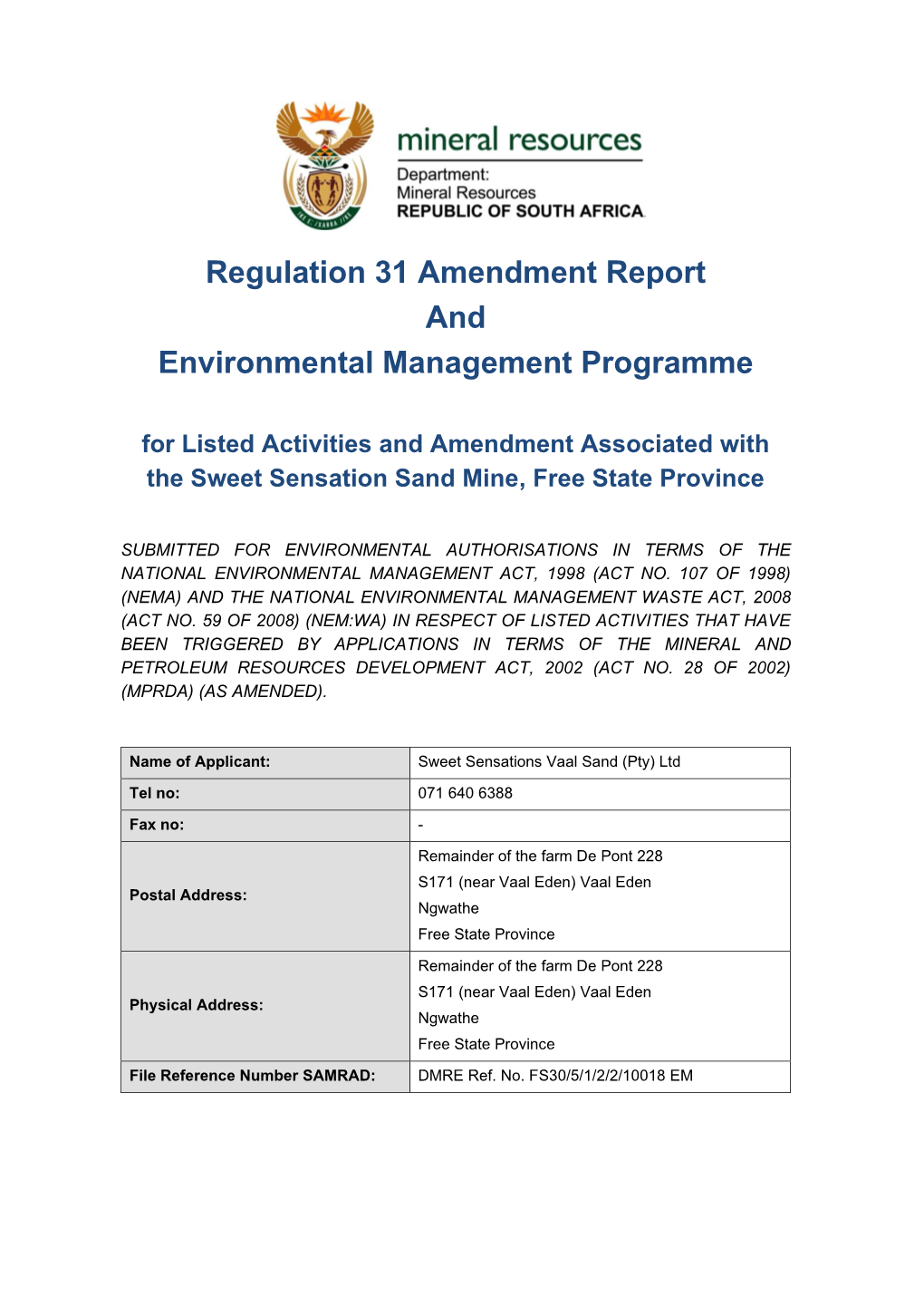 Regulation 31 Amendment Report and Environmental Management Programme