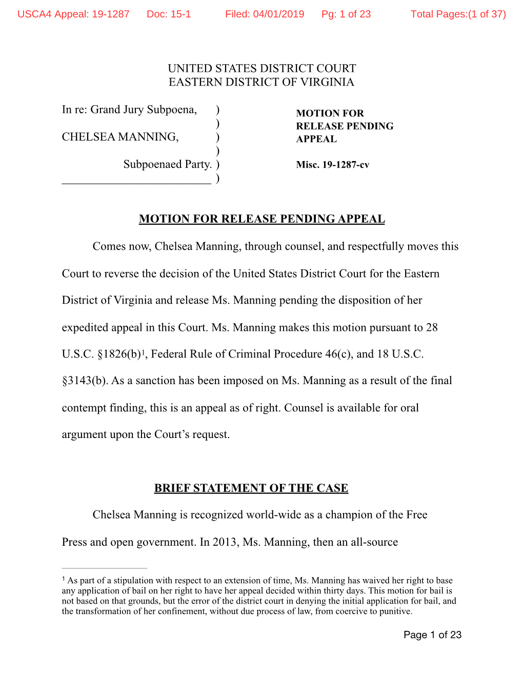 USCA4 Appeal: 19-1287 Doc: 15-1 Filed: 04/01/2019 Pg: 1 of 23 Total Pages:(1 of 37)