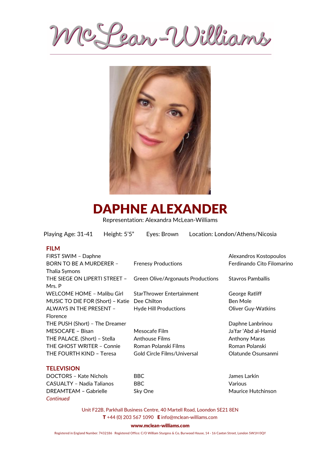 DAPHNE ALEXANDER Representation: Alexandra Mclean-Williams