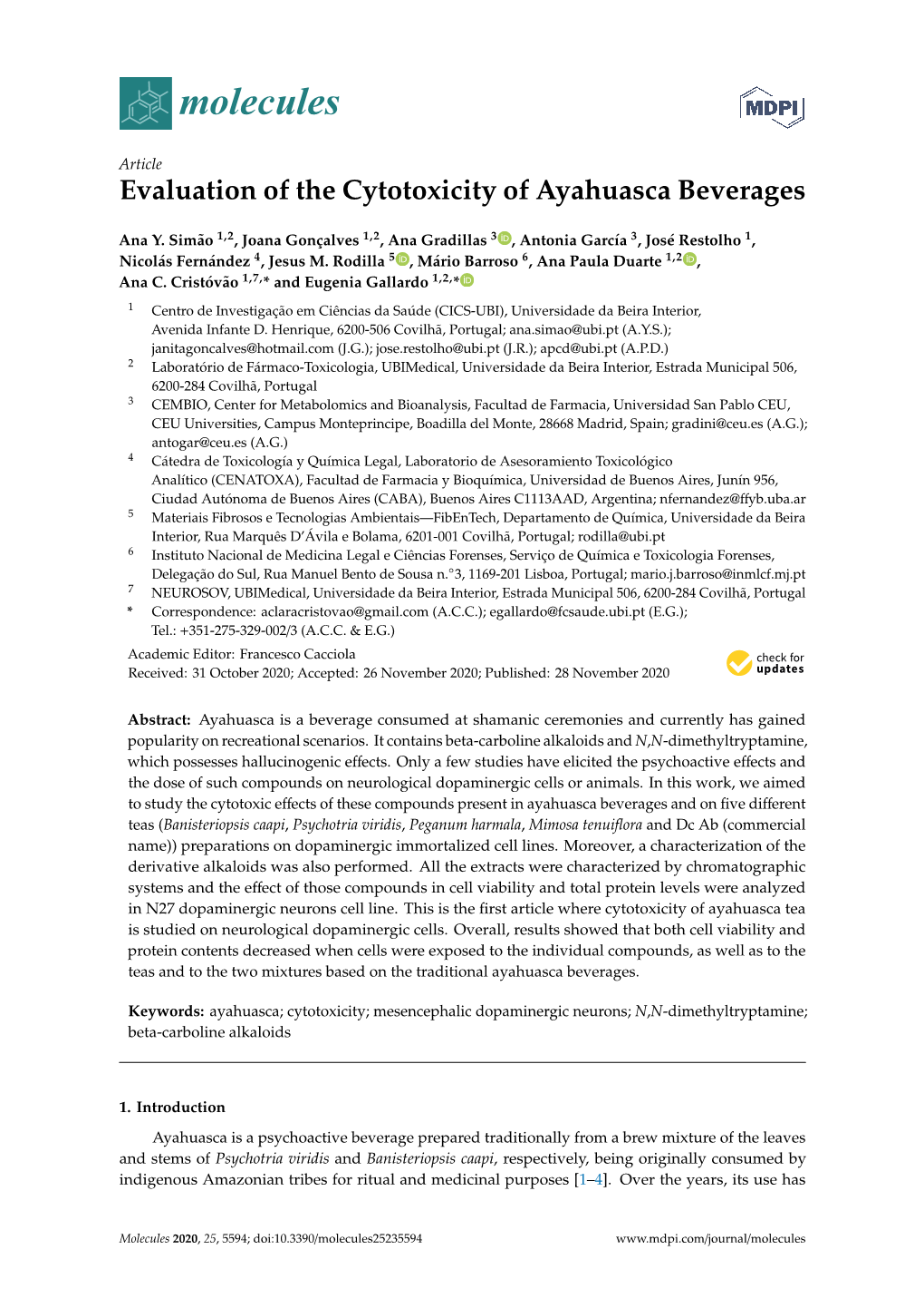 Evaluation of the Cytotoxicity of Ayahuasca Beverages