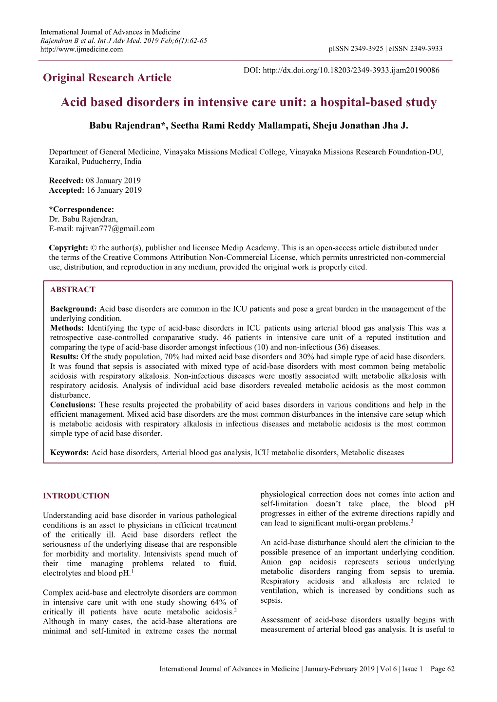 Original Research Article Acid Based Disorders in Intensive Care Unit: a Hospital-Based Study