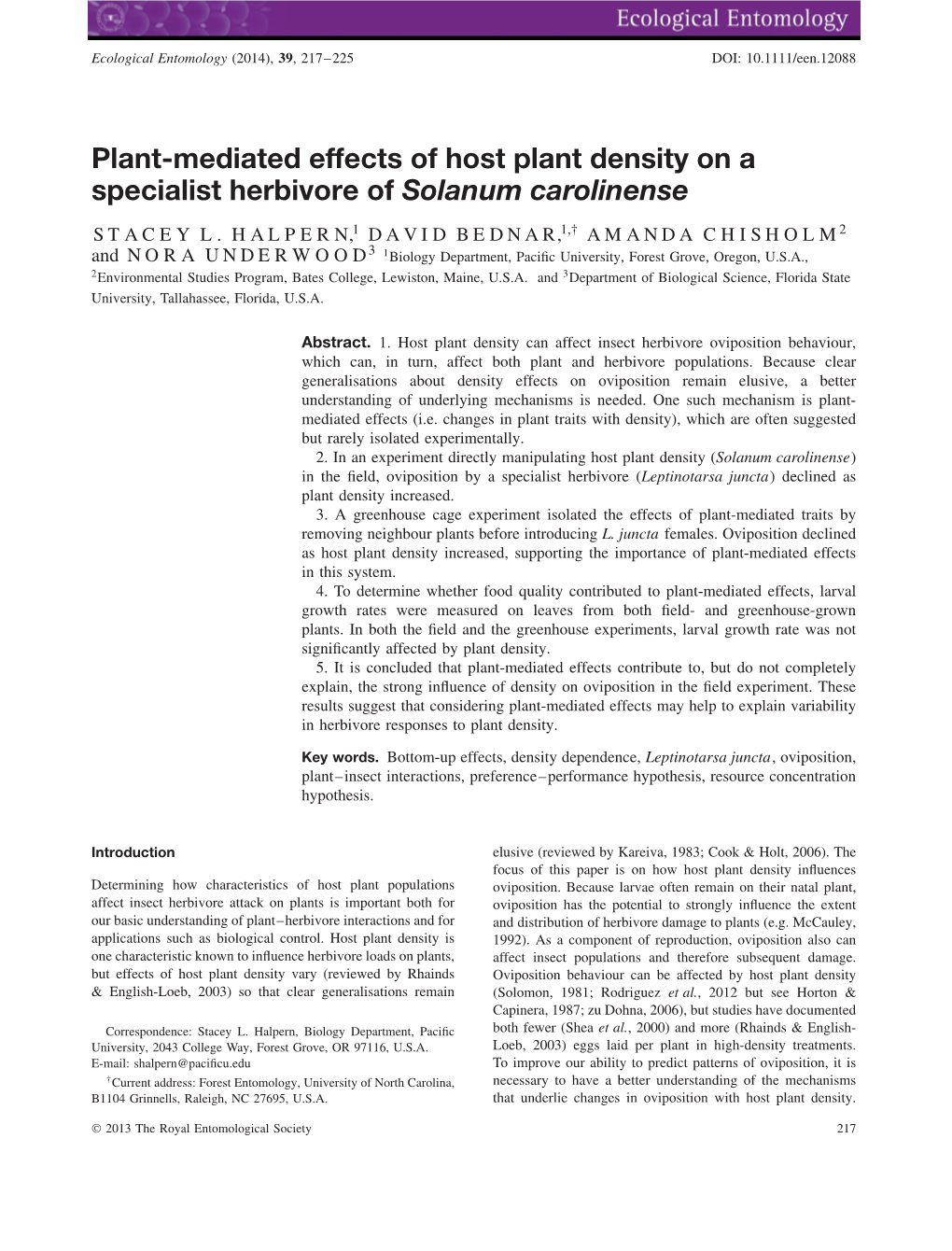 Plantmediated Effects of Host Plant Density on a Specialist Herbivore Of