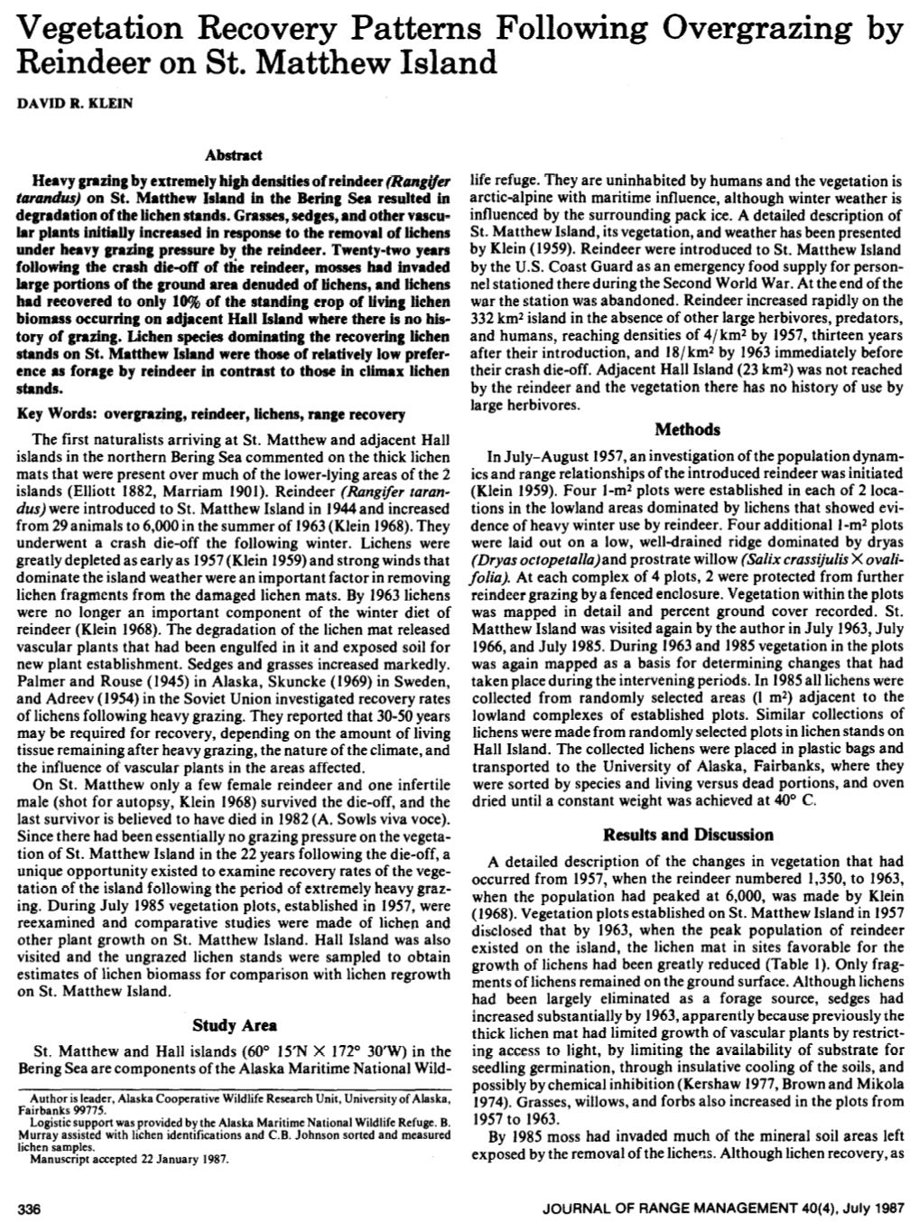 Vegetation Recovery Patterns Following Overgrazing by Reindeer on St