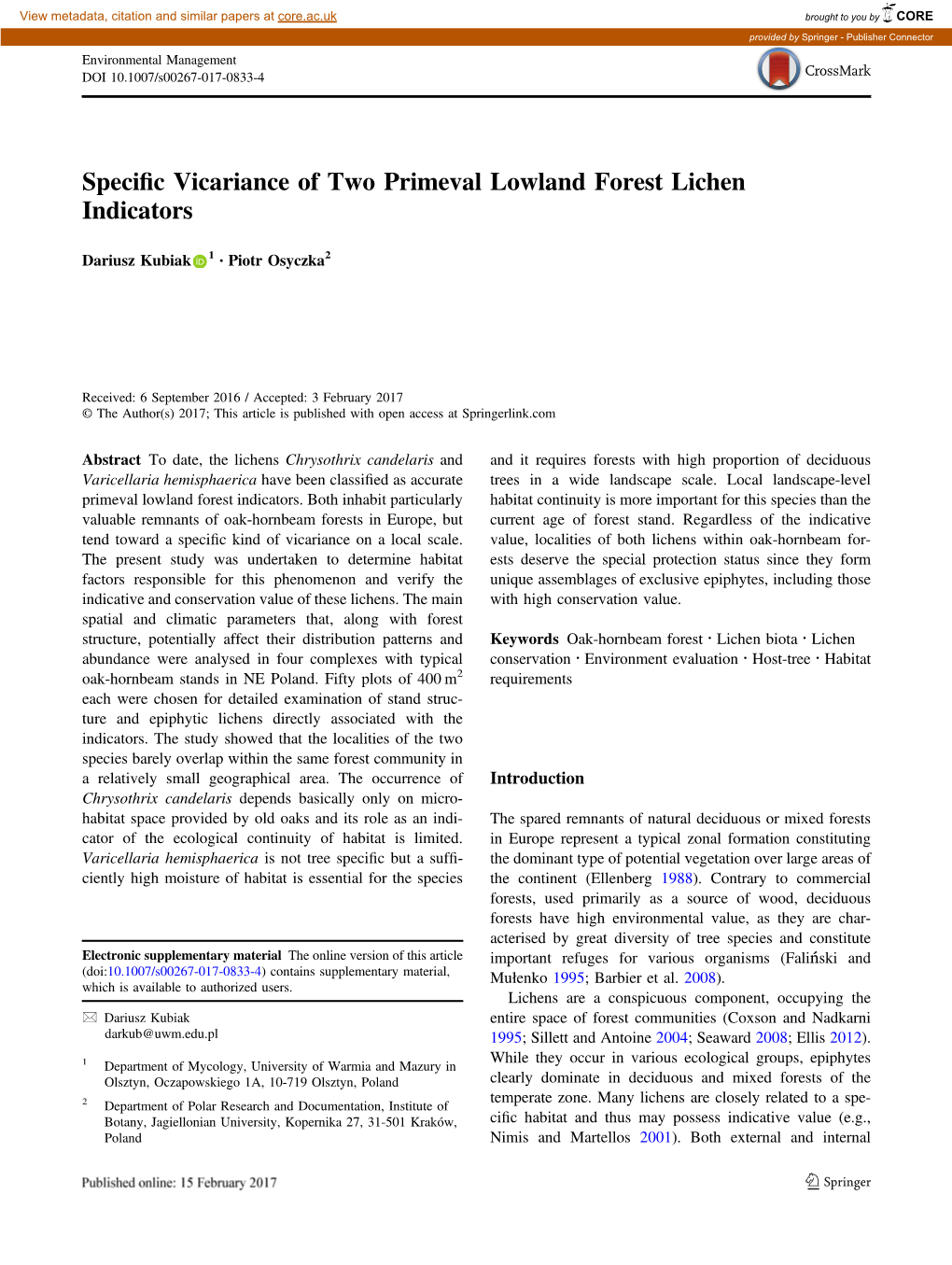 Specific Vicariance of Two Primeval Lowland Forest Lichen Indicators