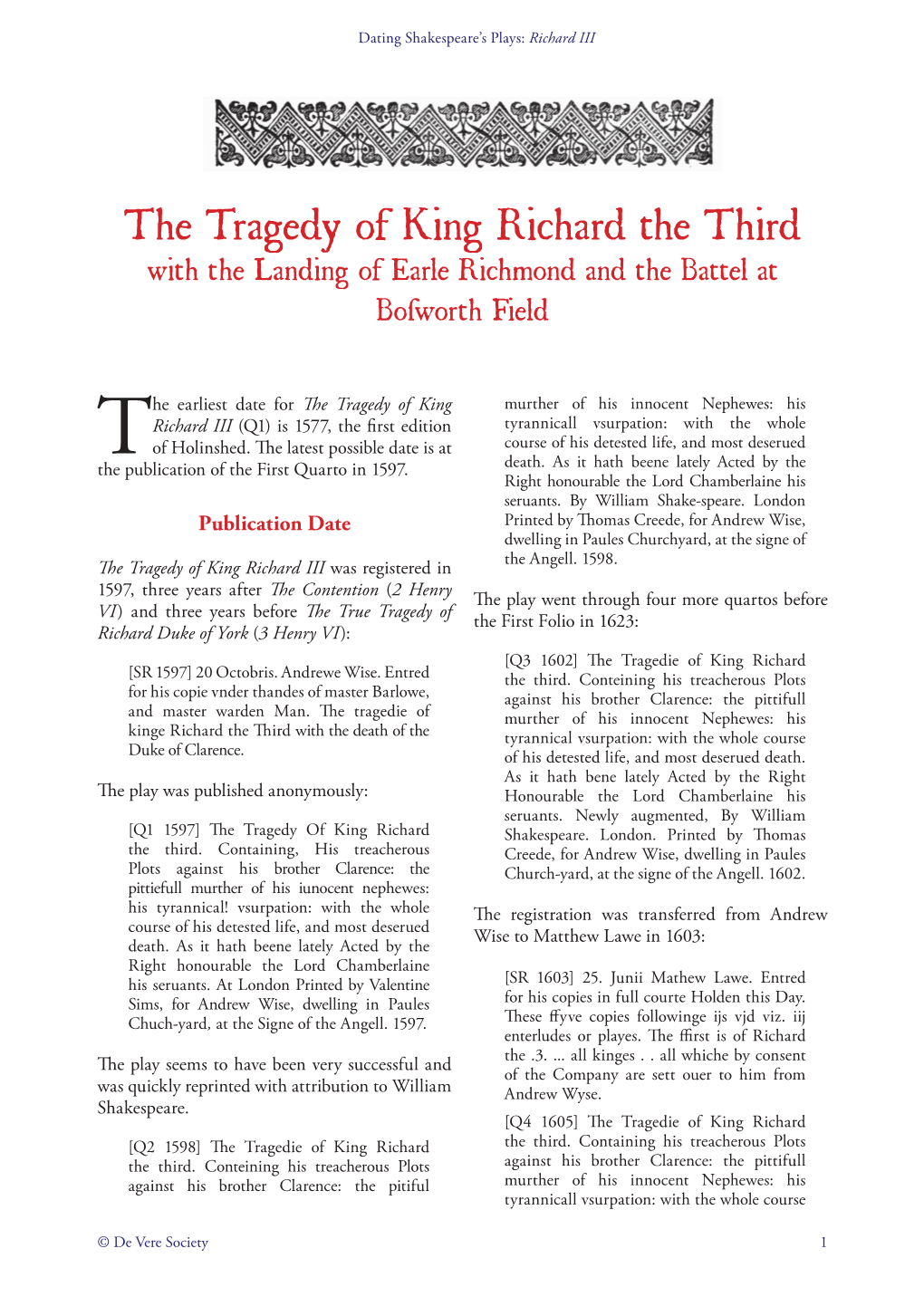 The Tragedy of King Richard the Third