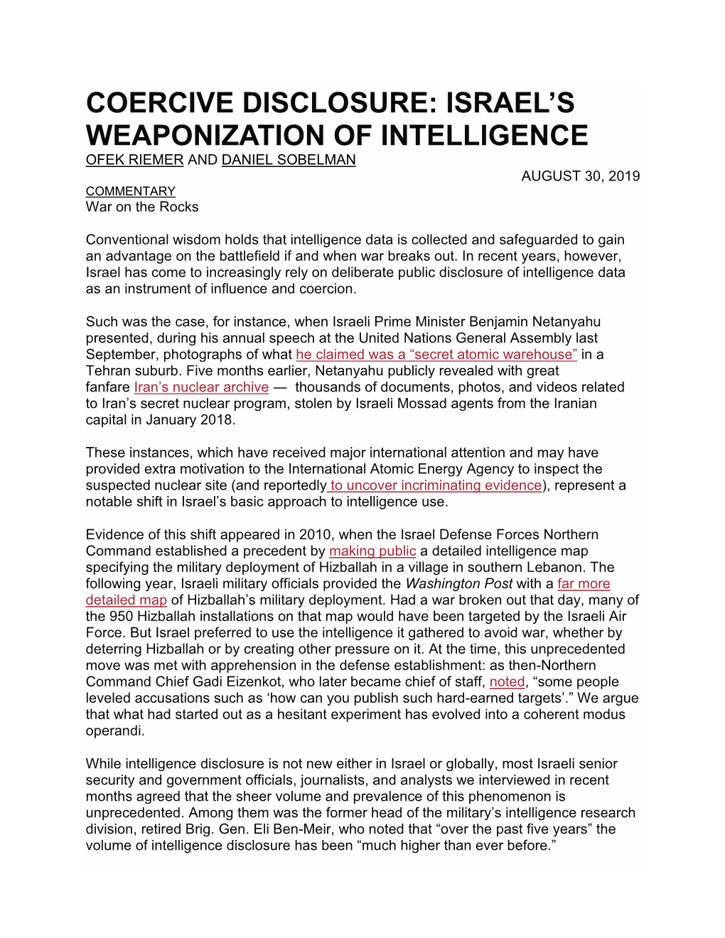 Coercive Disclosure: Israel's Weaponization Of