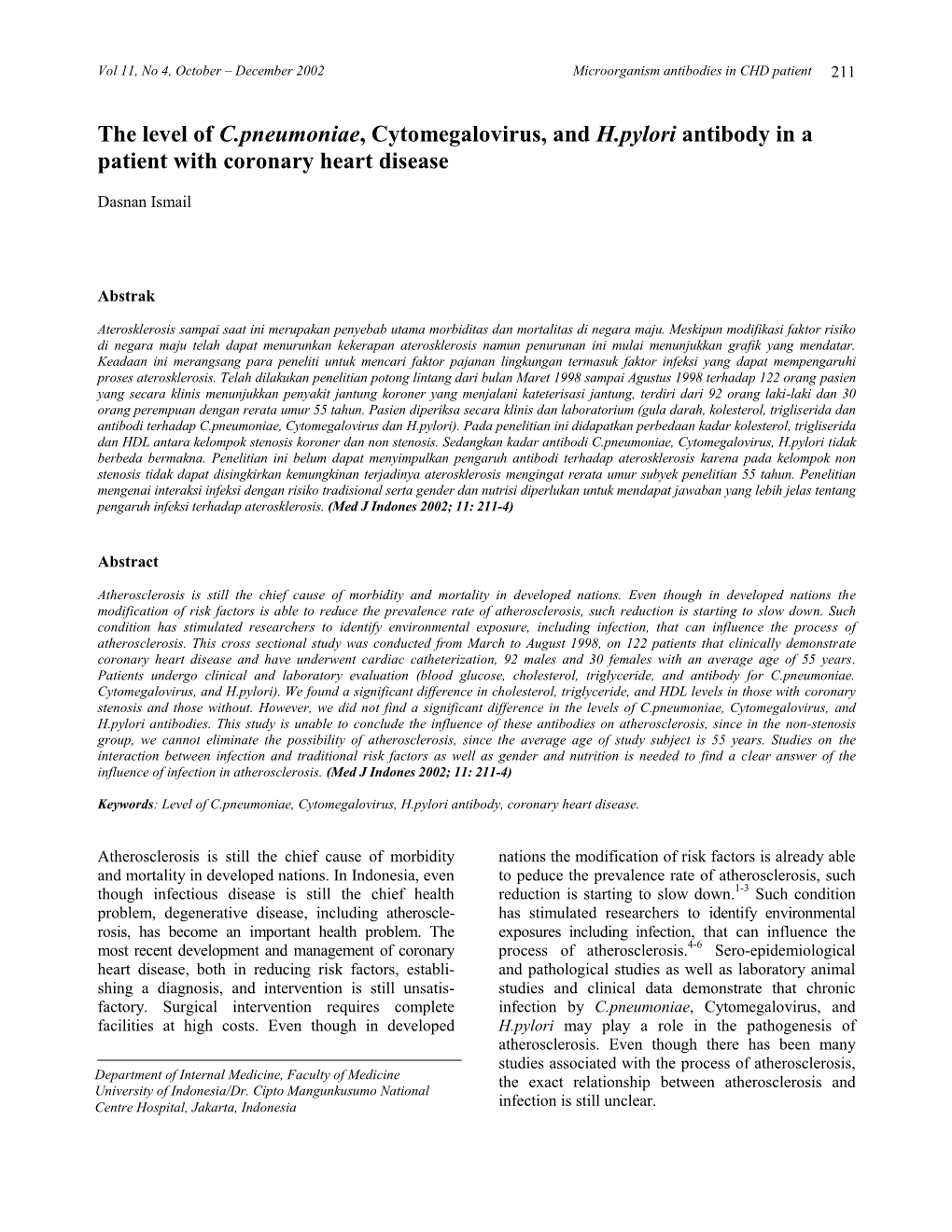 The Level of C.Pneumoniae, Cytomegalovirus, and H.Pylori Antibody in a Patient with Coronary Heart Disease