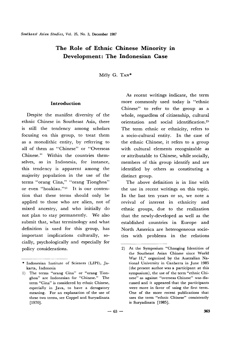 The Role of Ethnic Chinese Minority in Developntent: the Indonesian Case