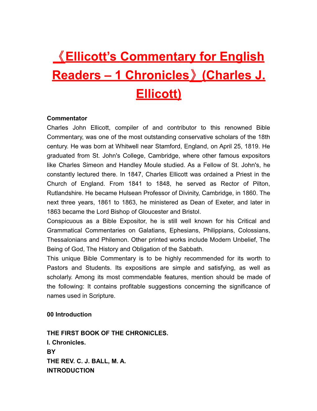 Ellicott S Commentary for English Readers 1 Chronicles (Charles J. Ellicott)