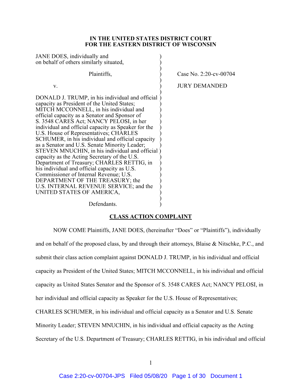 1 in the UNITED STATES DISTRICT COURT for the EASTERN DISTRICT of WISCONSIN JANE DOES, Individually and ) on Behalf of Others S